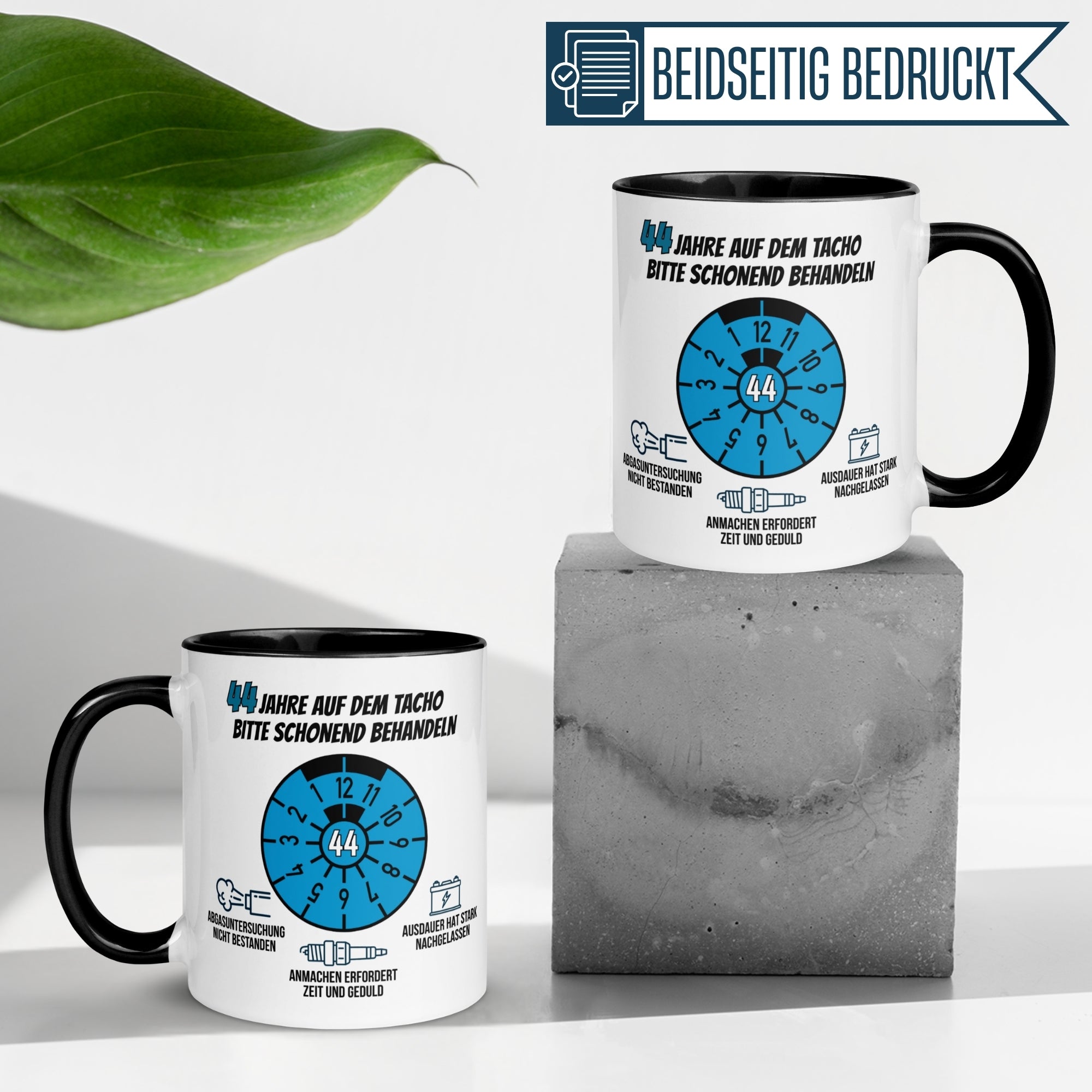 Momentals® Tasse 44. Geburtstag | Siegel & Spruch | 44 Jahre auf dem Tacho - Schonend behandeln