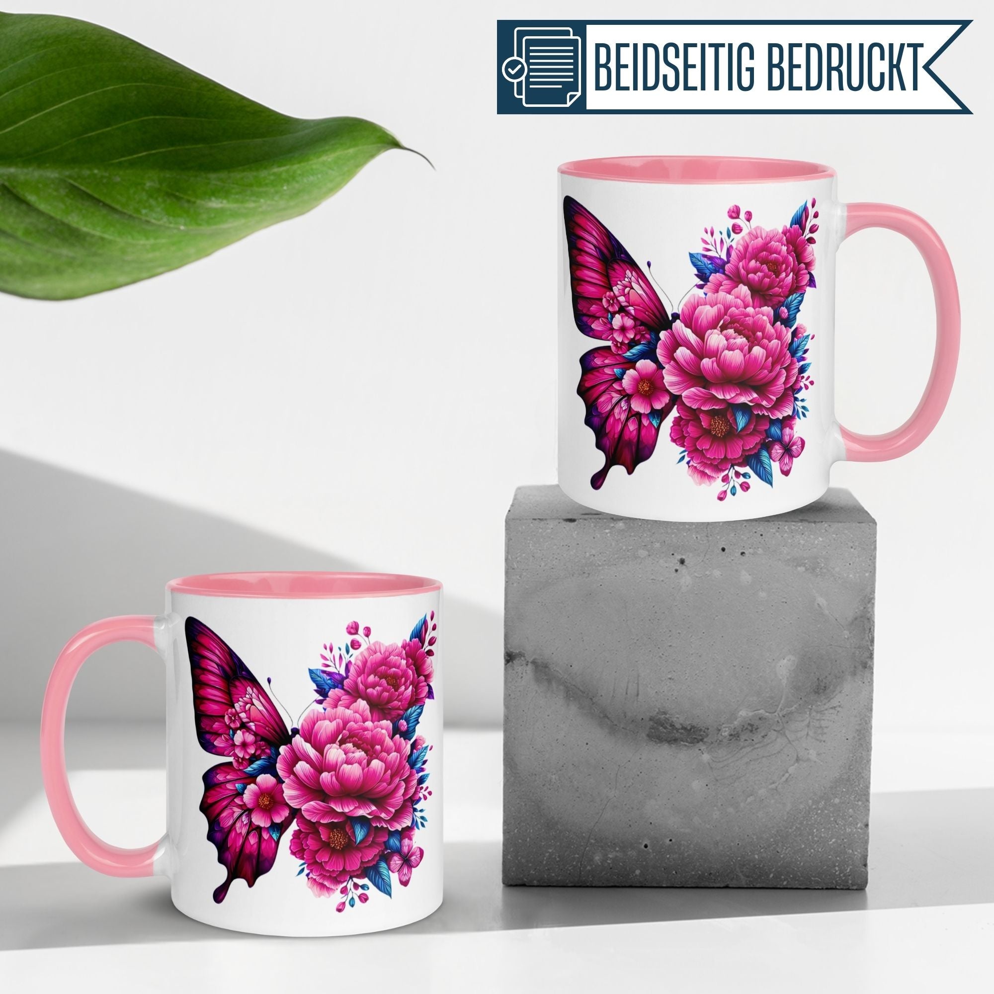 Momentals® Tasse | Schmetterling & Blumenillustration | Farbenspiel in Pink & Blau