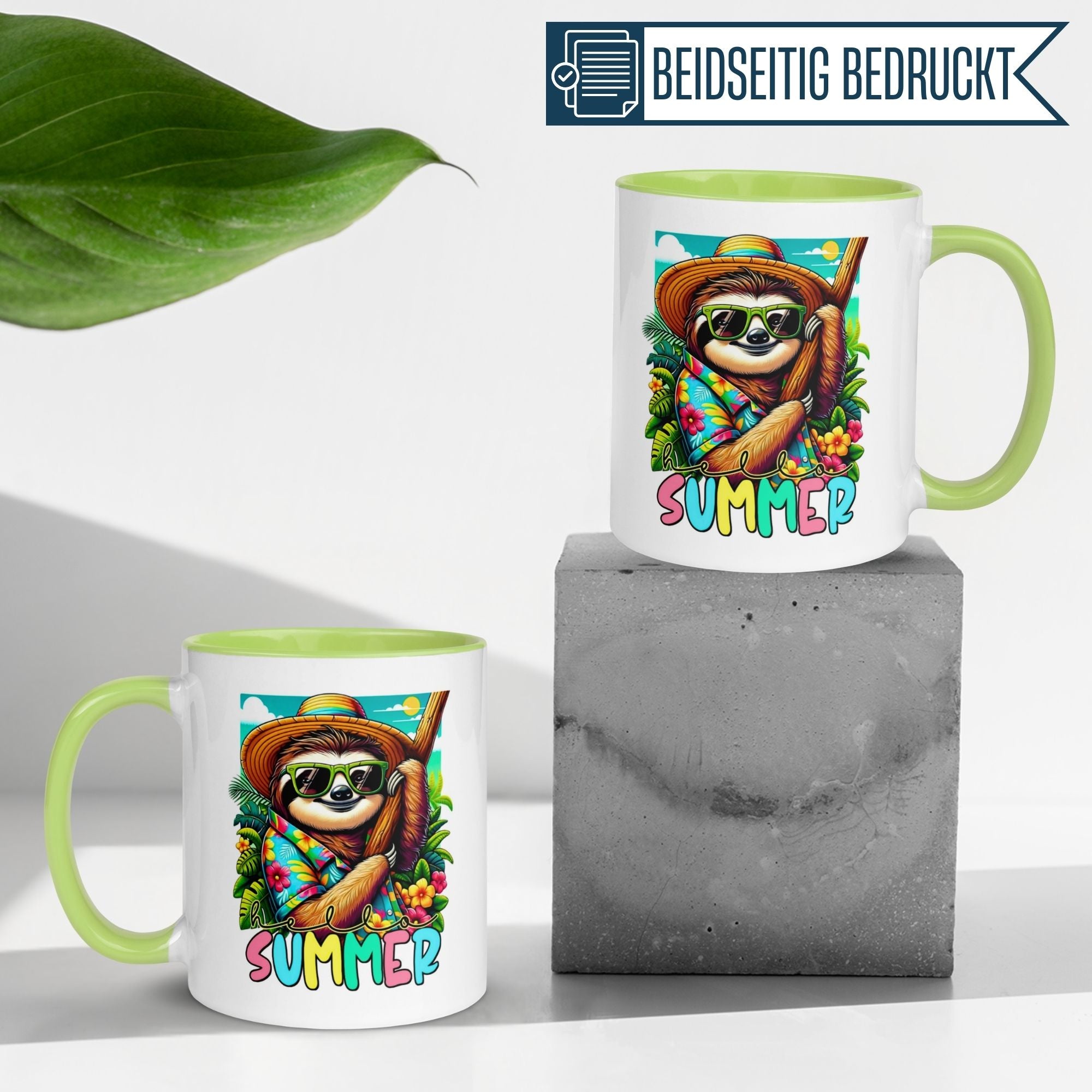 Momentals® mug featuring a cheerful sloth in summer attire, perfect for bright mornings and vacation vibes.
