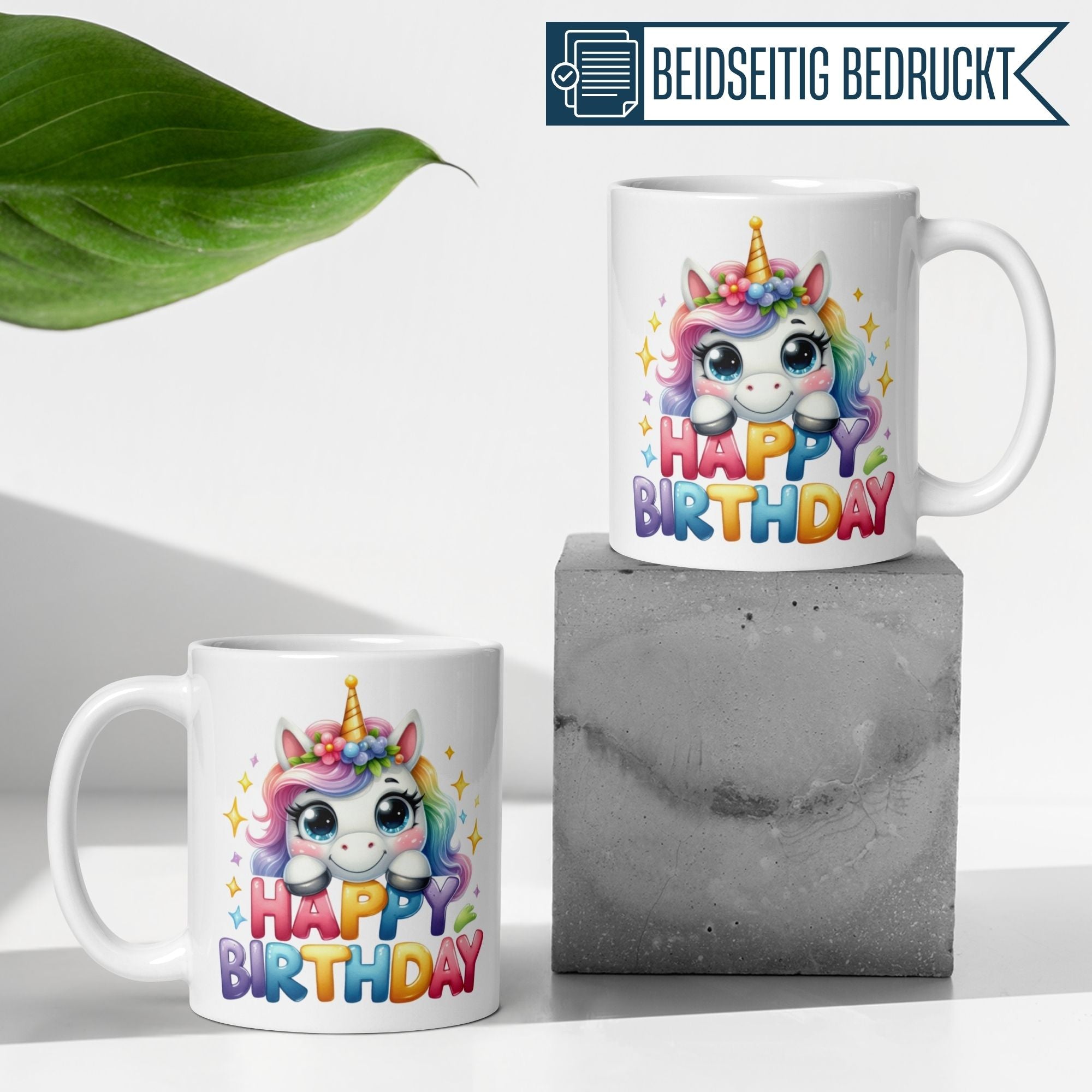 Momentals® Tasse mit Einhorn und bunten Sternen, perfekt für Geburtstagsfeiern und Geschenke.