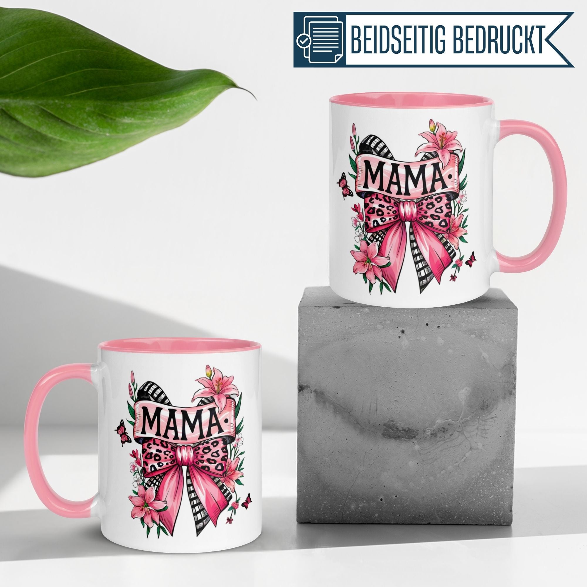 Momentals® Tasse Mama | Banner & Blumen | Rosa Leopardenschleife
