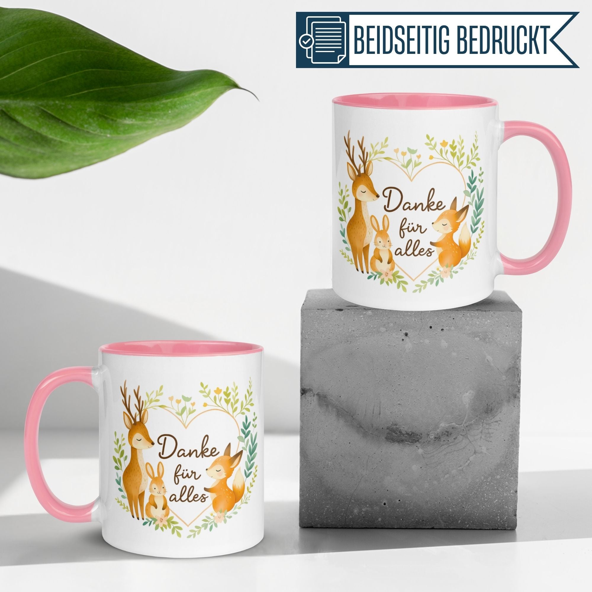 Momentals Tasse Dankeschön mit Waldtieren, pinkem Rand und Spruch "Danke für alles".