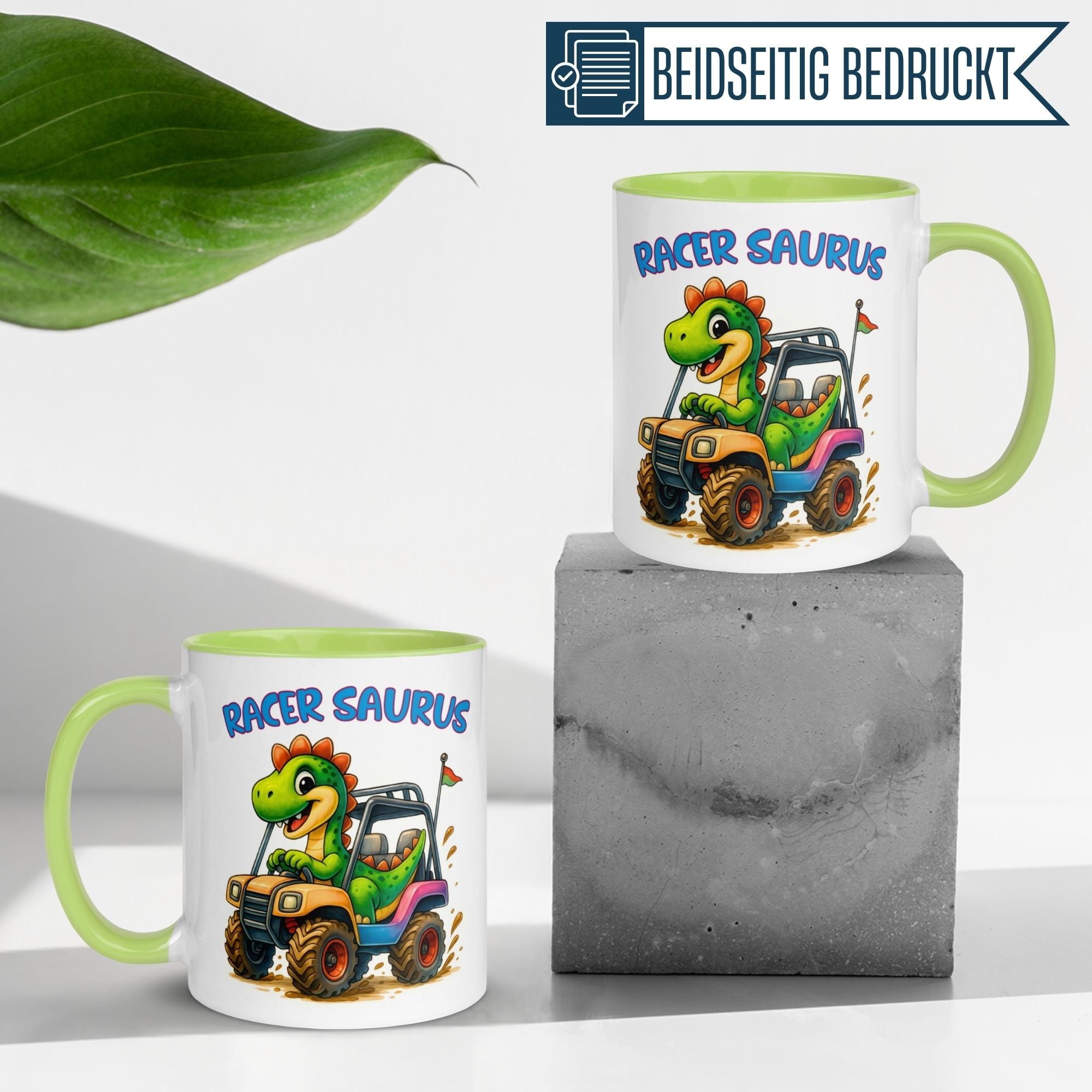 Tasse Dinosaurier – „Racer Saurus“ – Dino Geschenk Becher für Rennfahrer