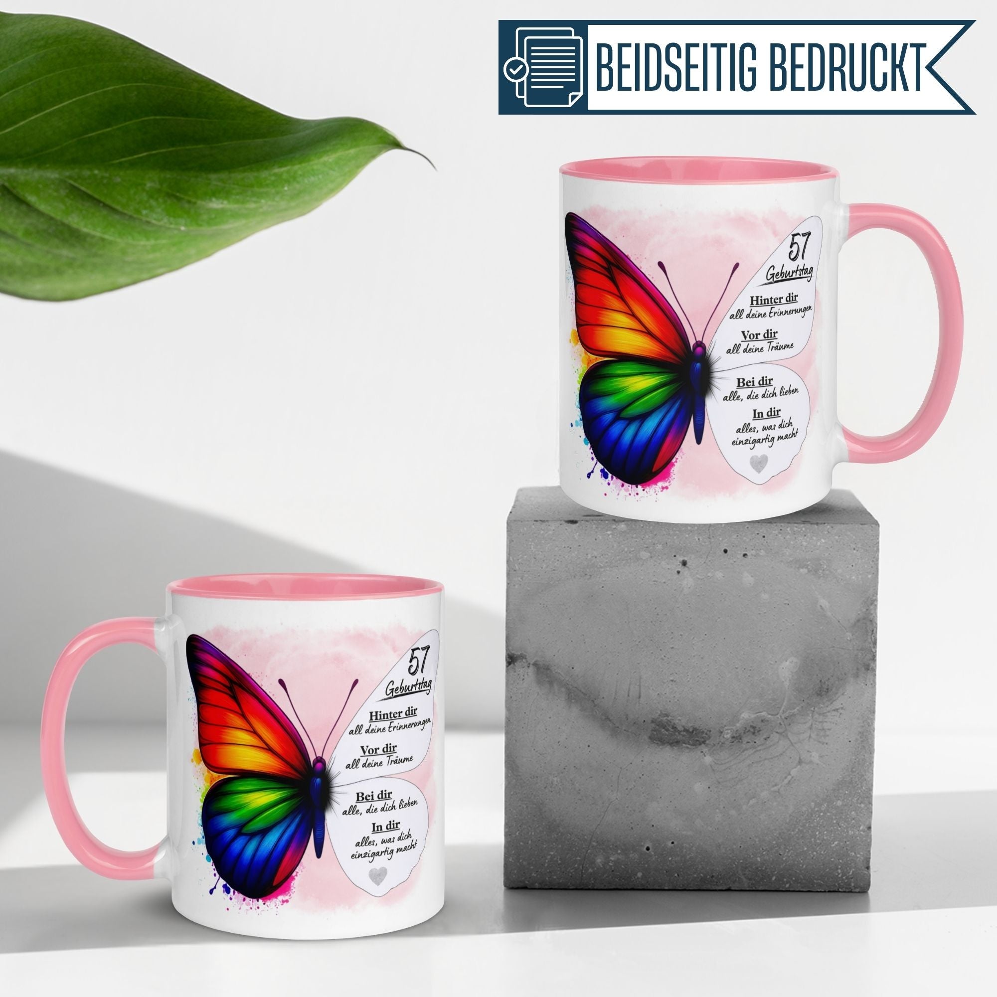Momentals® Tasse zum 57. Geburtstag mit Schmetterling und rührendem Spruch, beidseitig bedruckt.