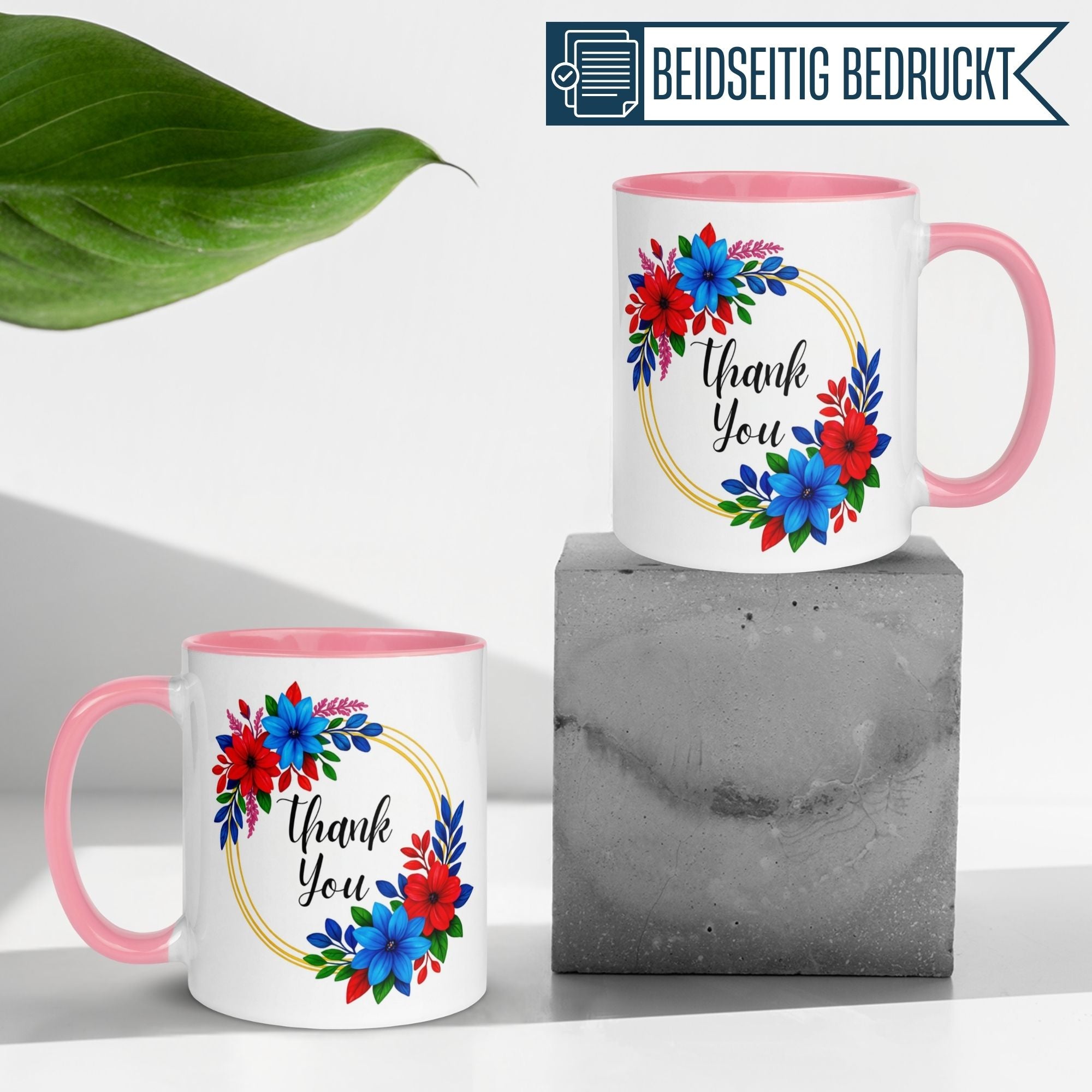 Momentals® Tasse Dankeschön mit buntem Blumenkranz und pinkem Henkel, perfekt für jede Kaffeepause.