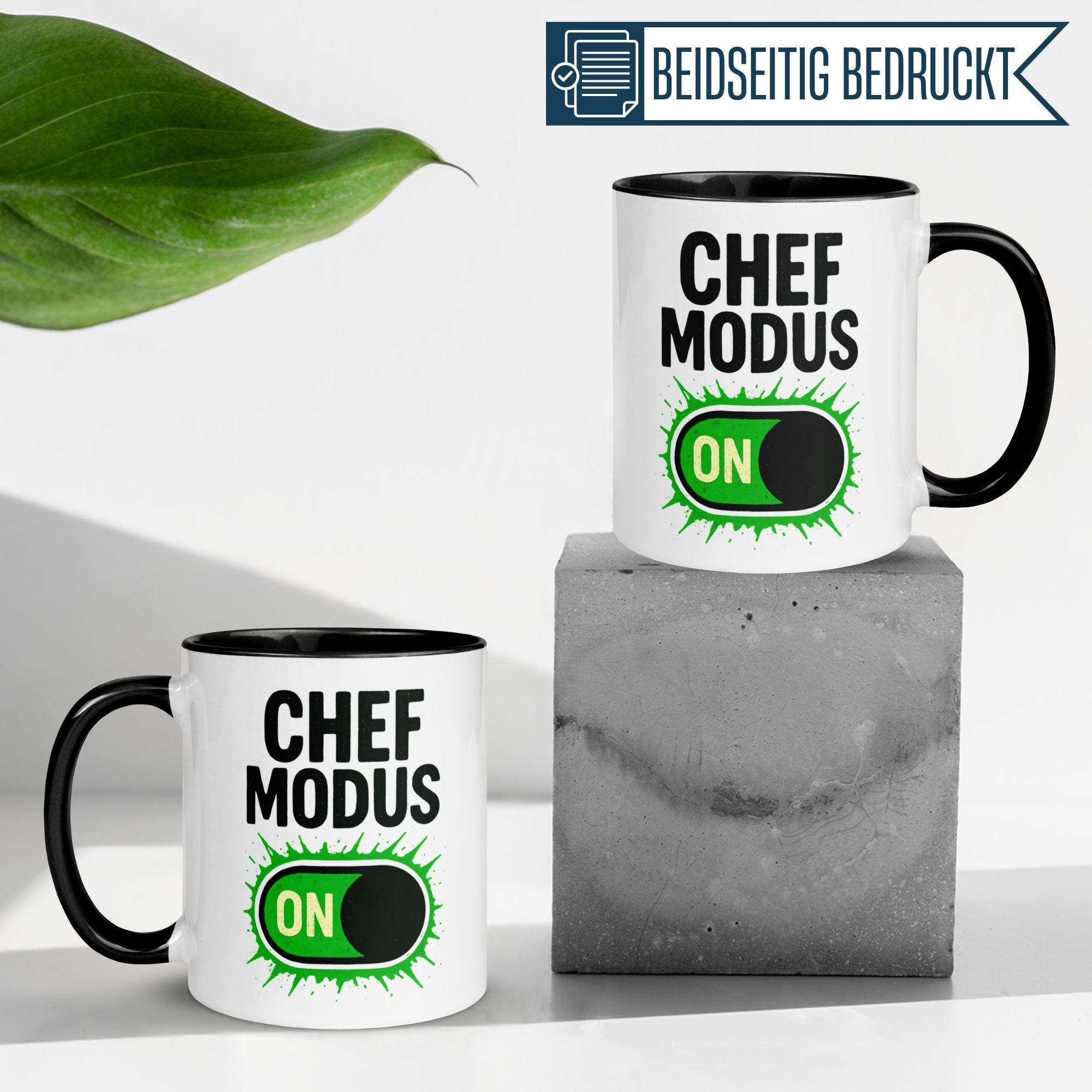 Momentals Tasse "Chef Modus On" mit grünem Schalter, humorvolles Geschenk für Chefs und Teamleiter.