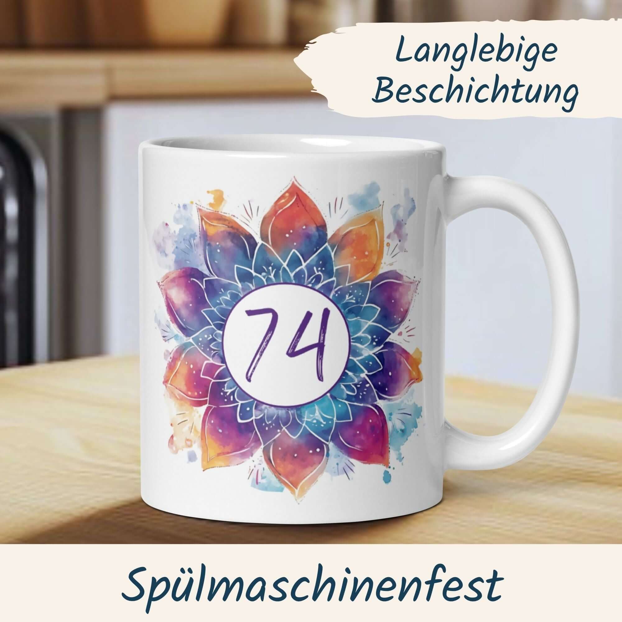 Momentals Tasse 74. Geburtstag mit buntem Mandala-Design, spülmaschinen- und mikrowellengeeignet.