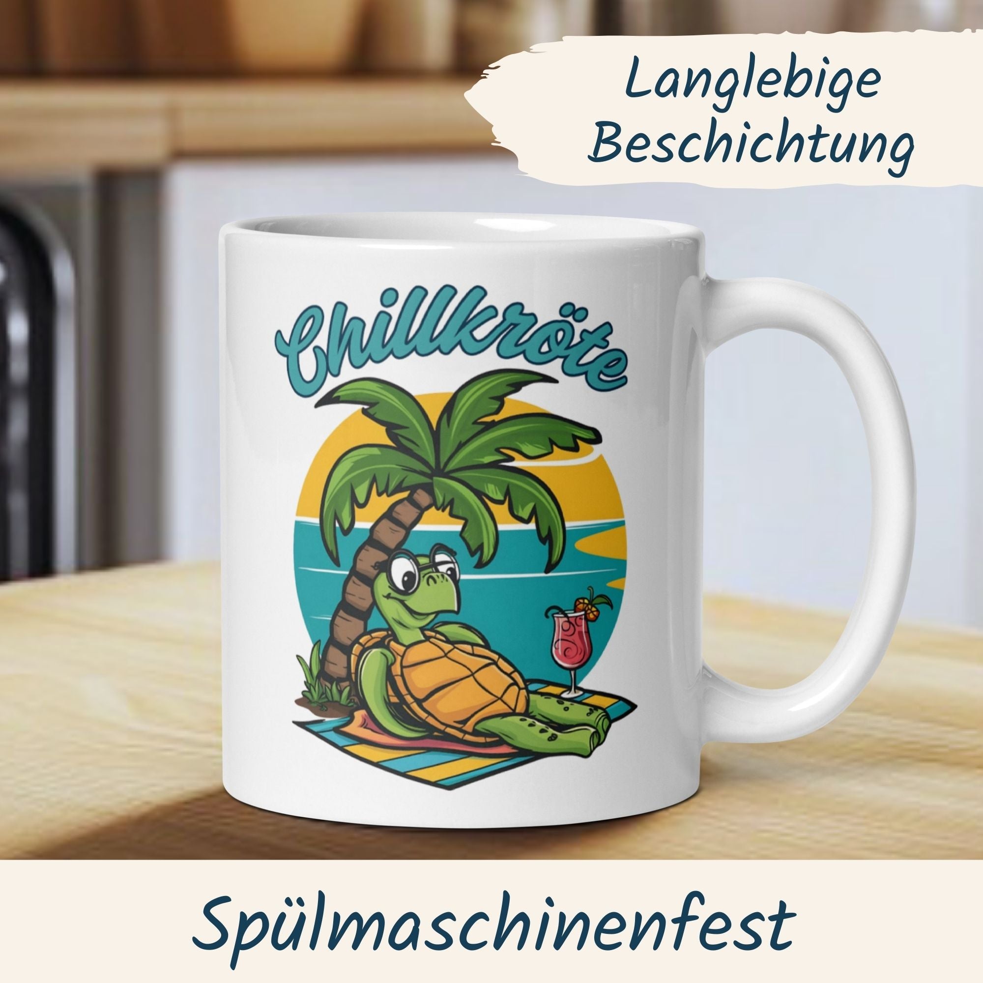 Chillkröte Tasse mit Schildkröte und Palme, ideal für Sommerfeeling im Alltag.
