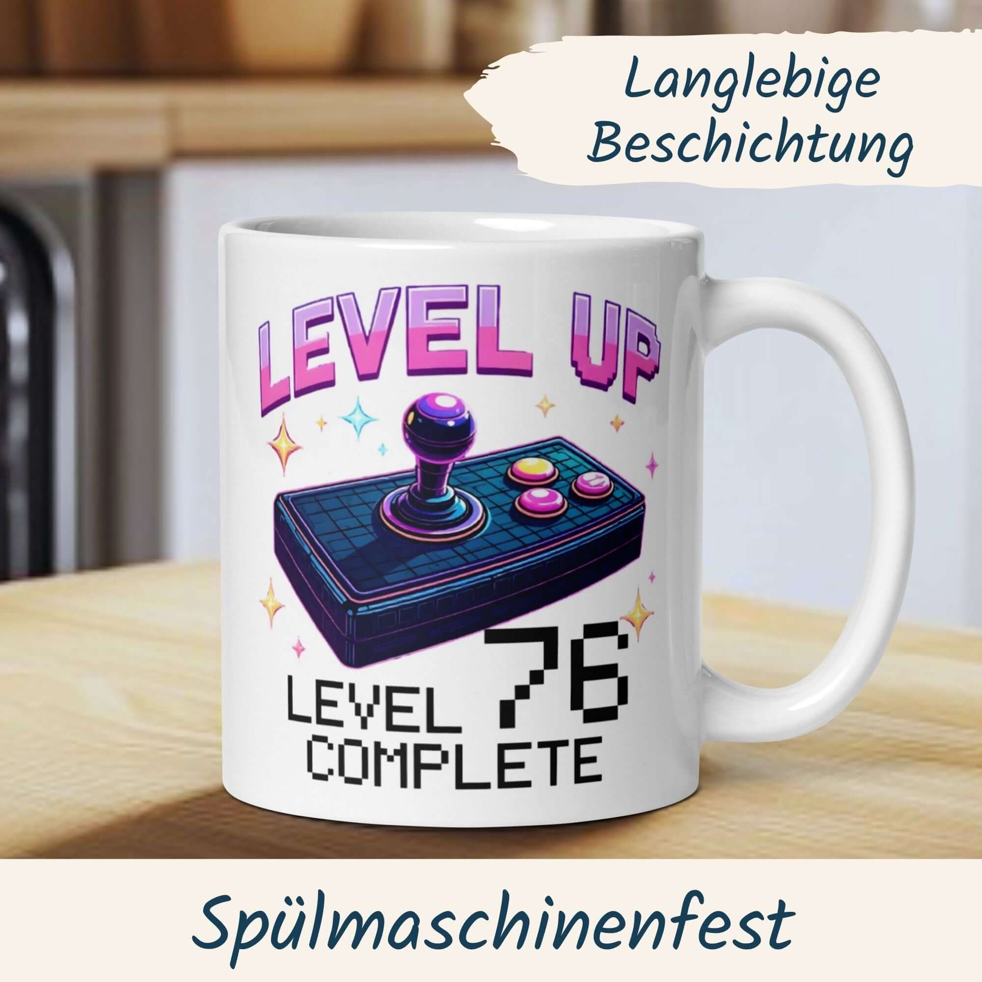 Whimsical gaming mug for 76th birthday featuring retro joystick design and 'Level 76 Complete' slogan.
