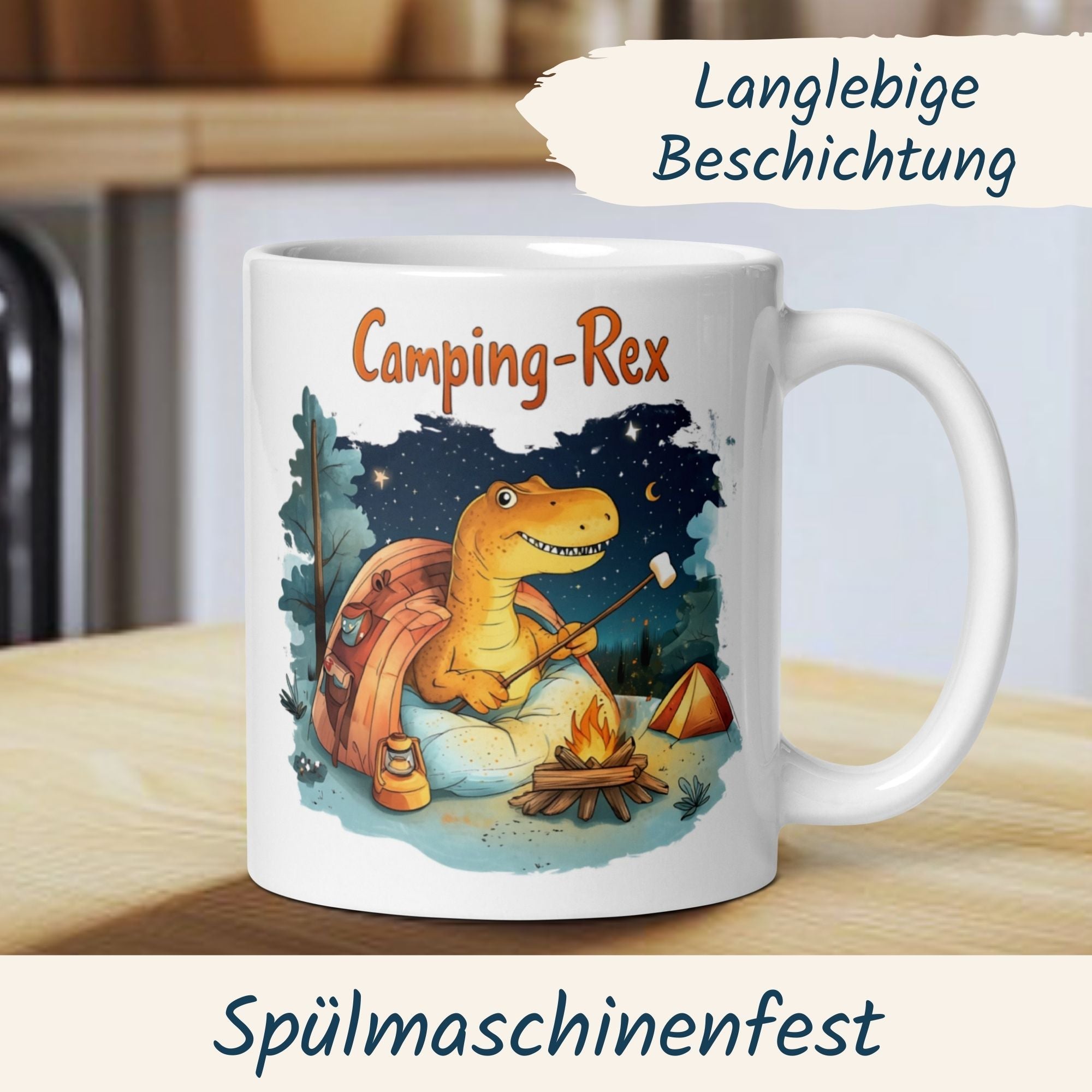 Camping Rex Mug featuring a dinosaur by a campfire, perfect for drink lovers and cozy moments!