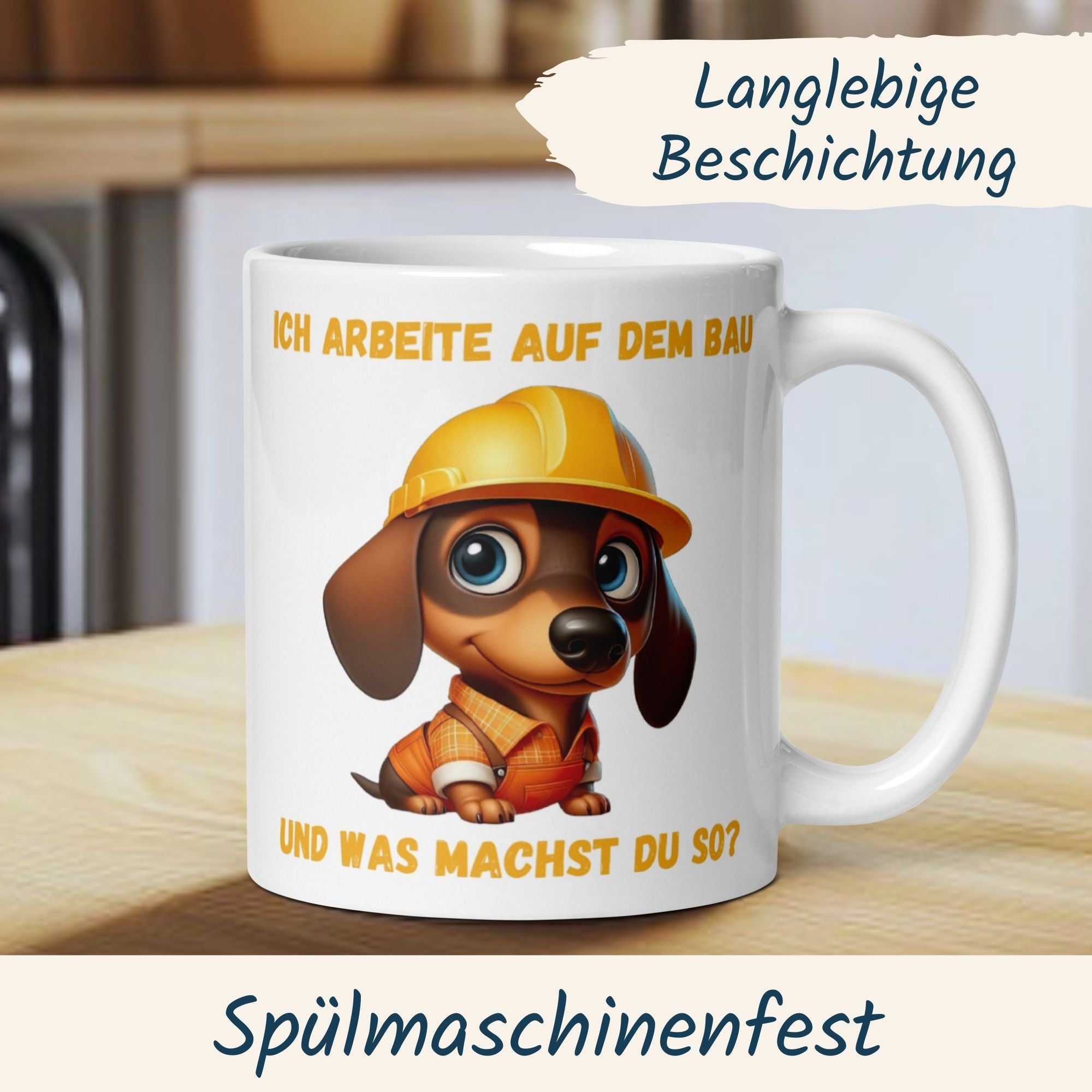 Tasse Dackel mit Bauarbeiter-Hut und Spruch "Ich arbeite auf dem Bau" für Handwerker und Bauarbeiter
