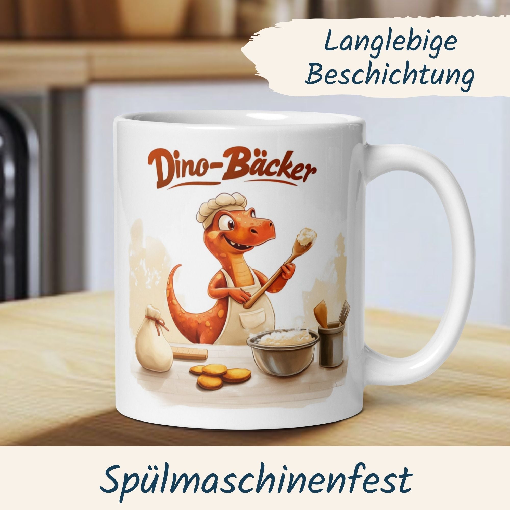 Humorous dinosaur-themed mug featuring a baking dino chef with kitchen tools, perfect for bakers and dino lovers!