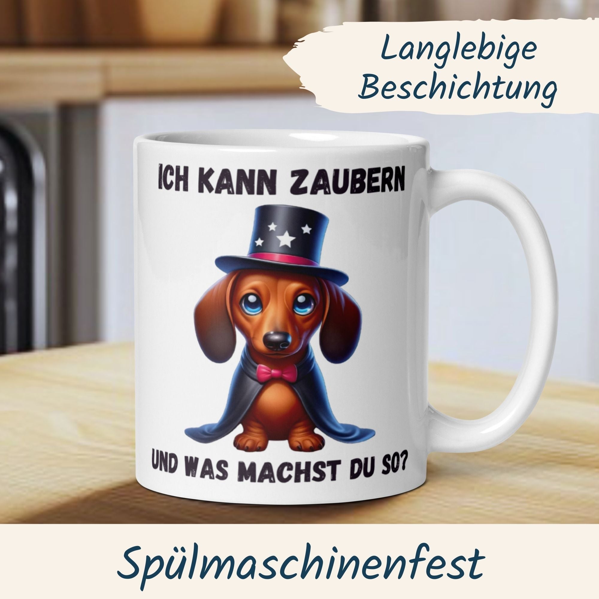 Dackel-Magier-Tasse mit Spruch 'Ich kann zaubern' für Magie-Fans und Hobby-Magier.