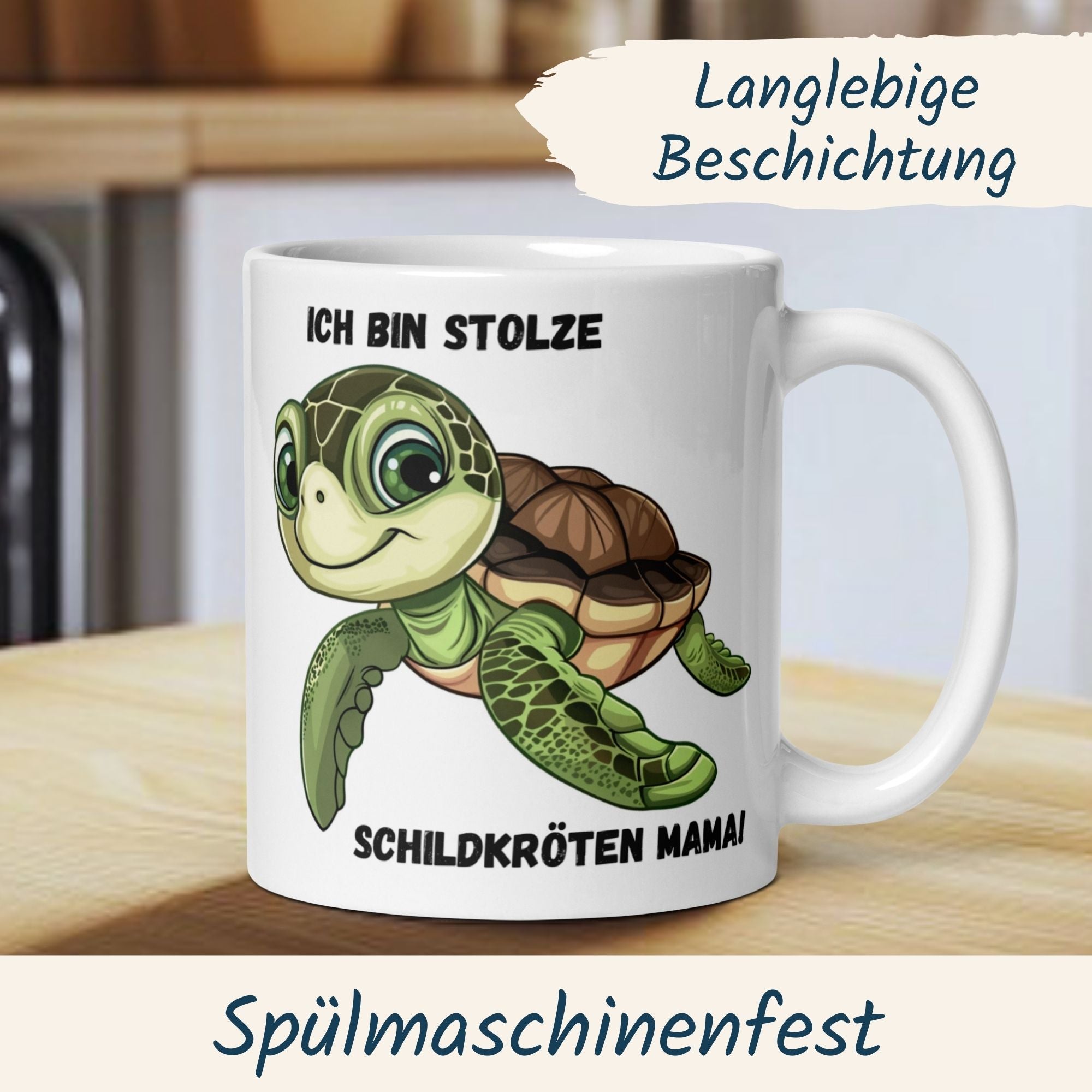 Tasse mit Schildkröte und Spruch "Ich bin stolze Schildkröten Mama" für Tierliebhaber.
