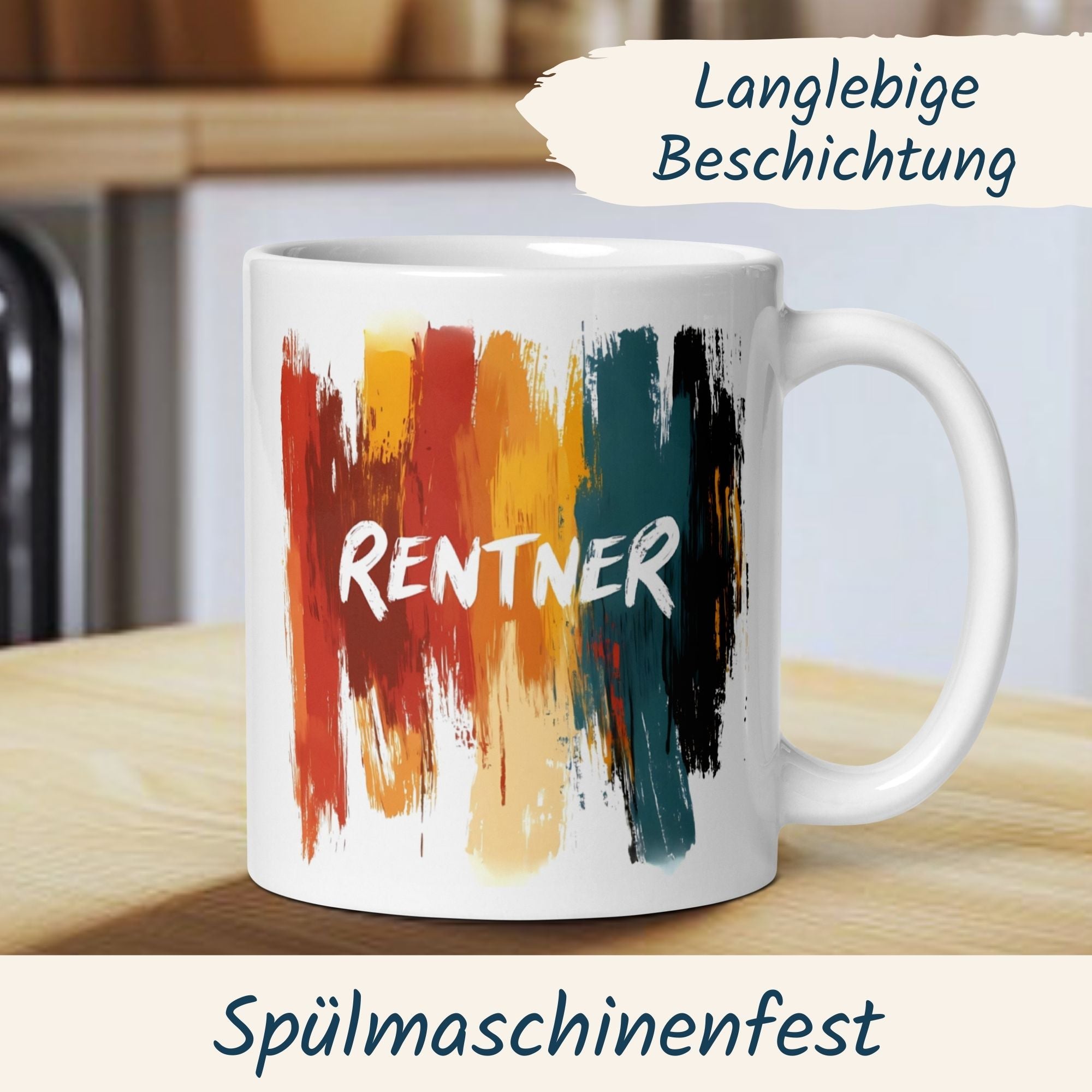 Momentals® Rentner-Tasse mit farbenfrohem Aquarell-Design und langlebiger Beschichtung, spülmaschinenfest.