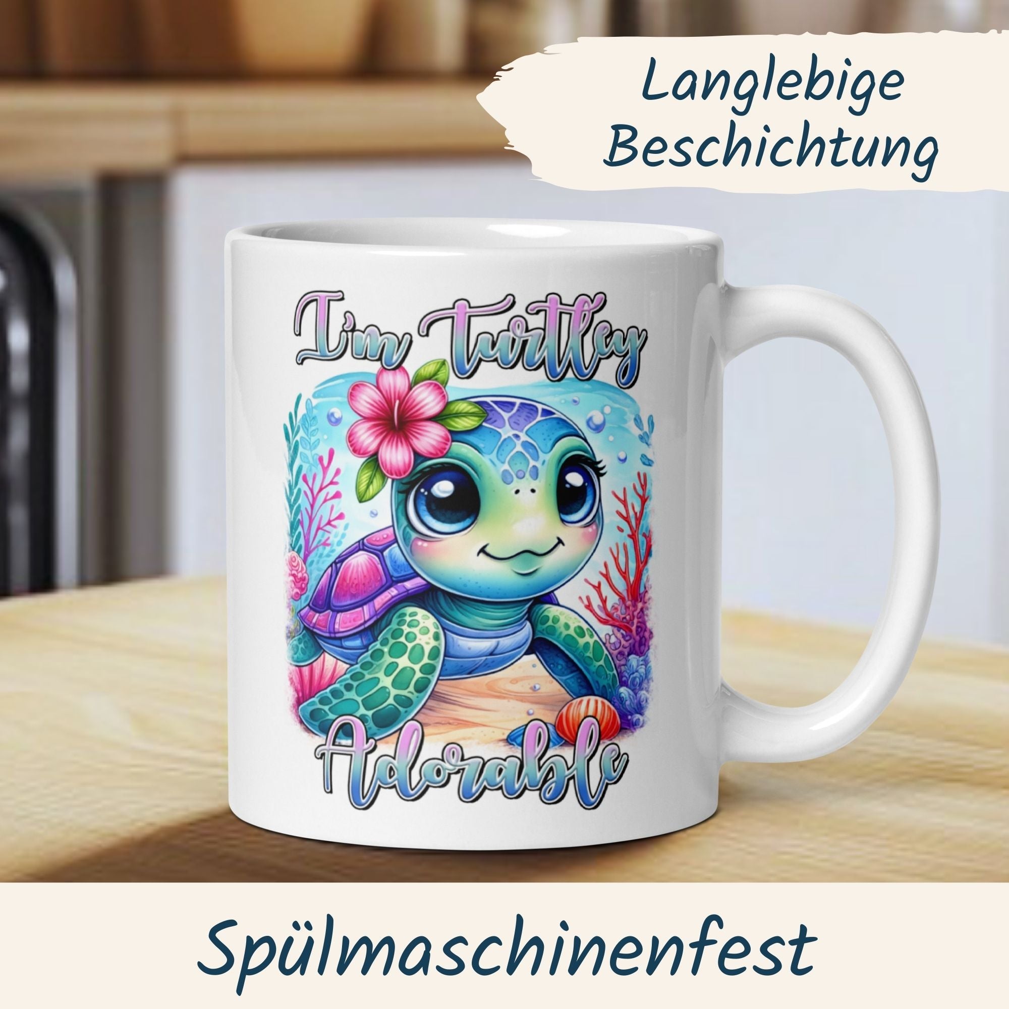Momentals Tasse mit Schildkröte und Spruch "I’m Turtley Adorable" für gute Laune und Meeresfans.