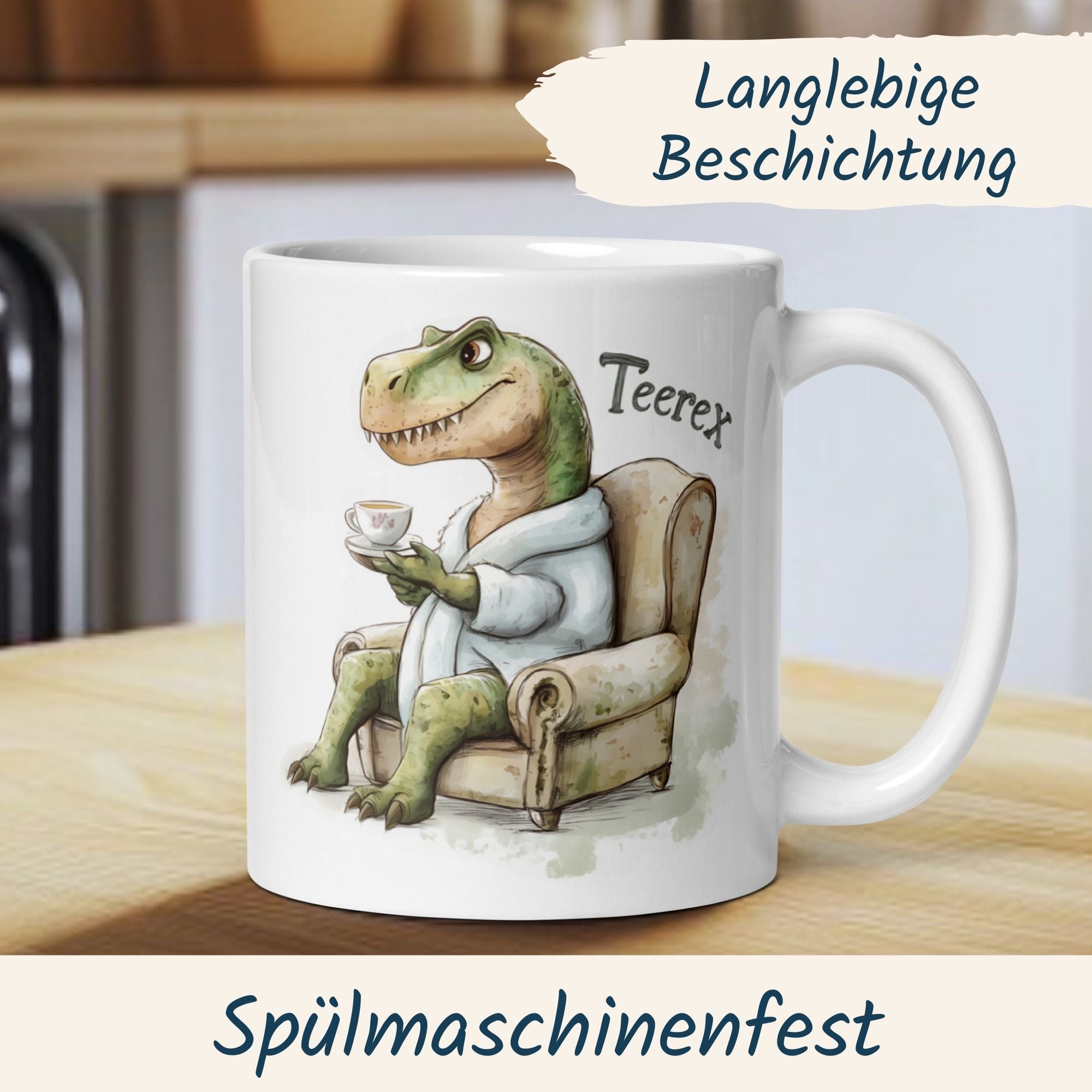 Humorous T-Rex mug in bathrobe, perfect for tea breaks, featuring charming cartoon design.