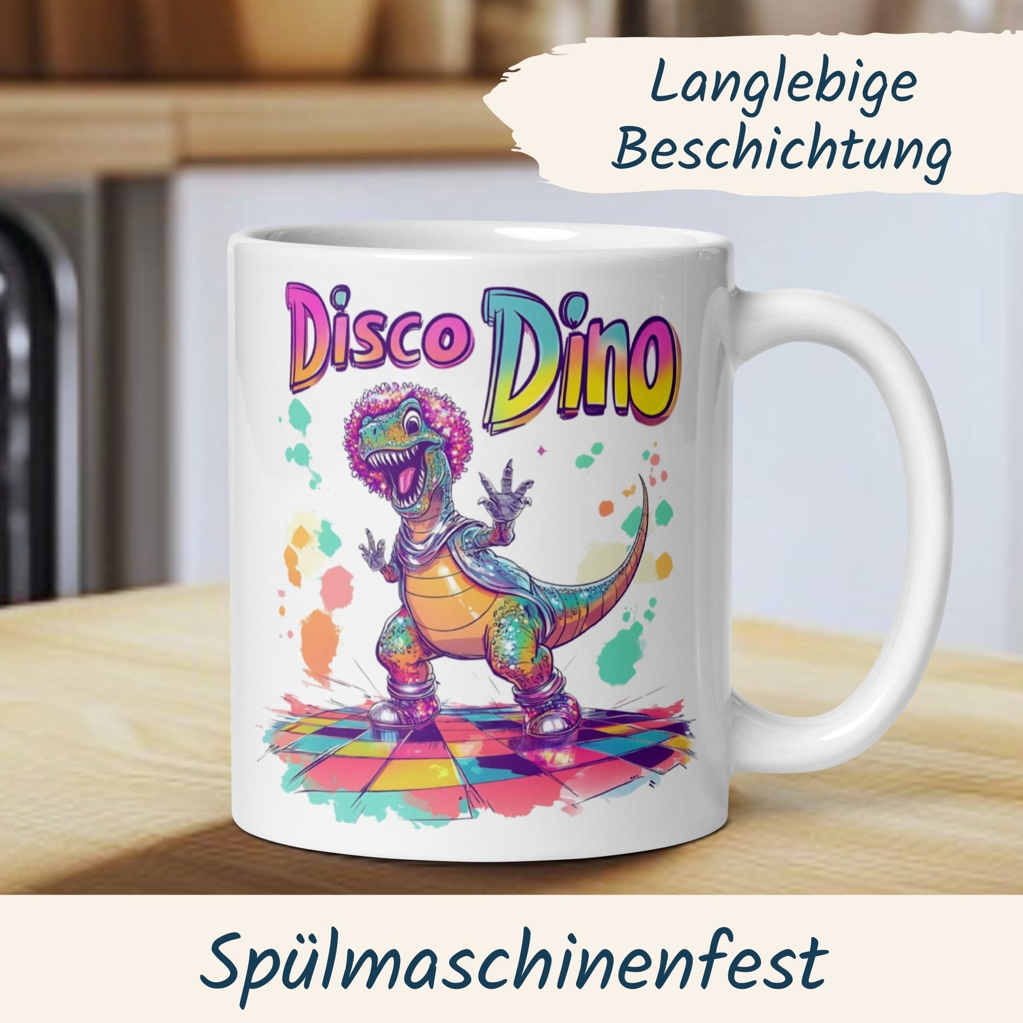 Bunte Disco Dino Tasse mit tanzendem Dinosaurier auf Tanzfläche, perfekt für gute Laune bei jedem Getränk.