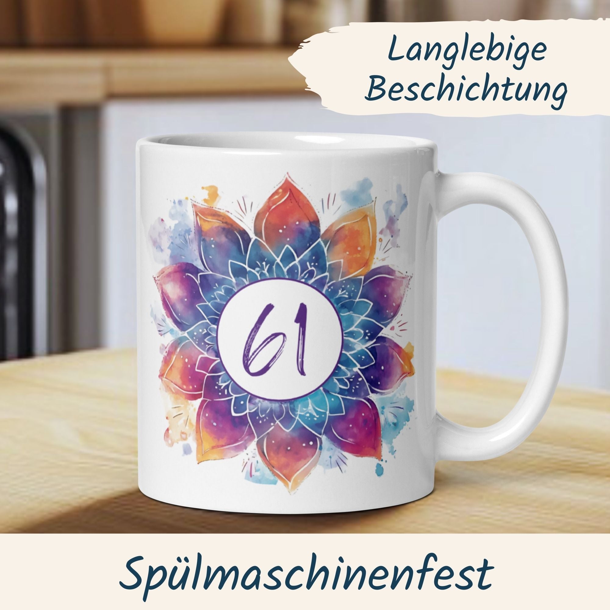Bunte Tasse zum 61. Geburtstag mit Mandala Motiv, spülmaschinenfest und langlebiger Beschichtung.