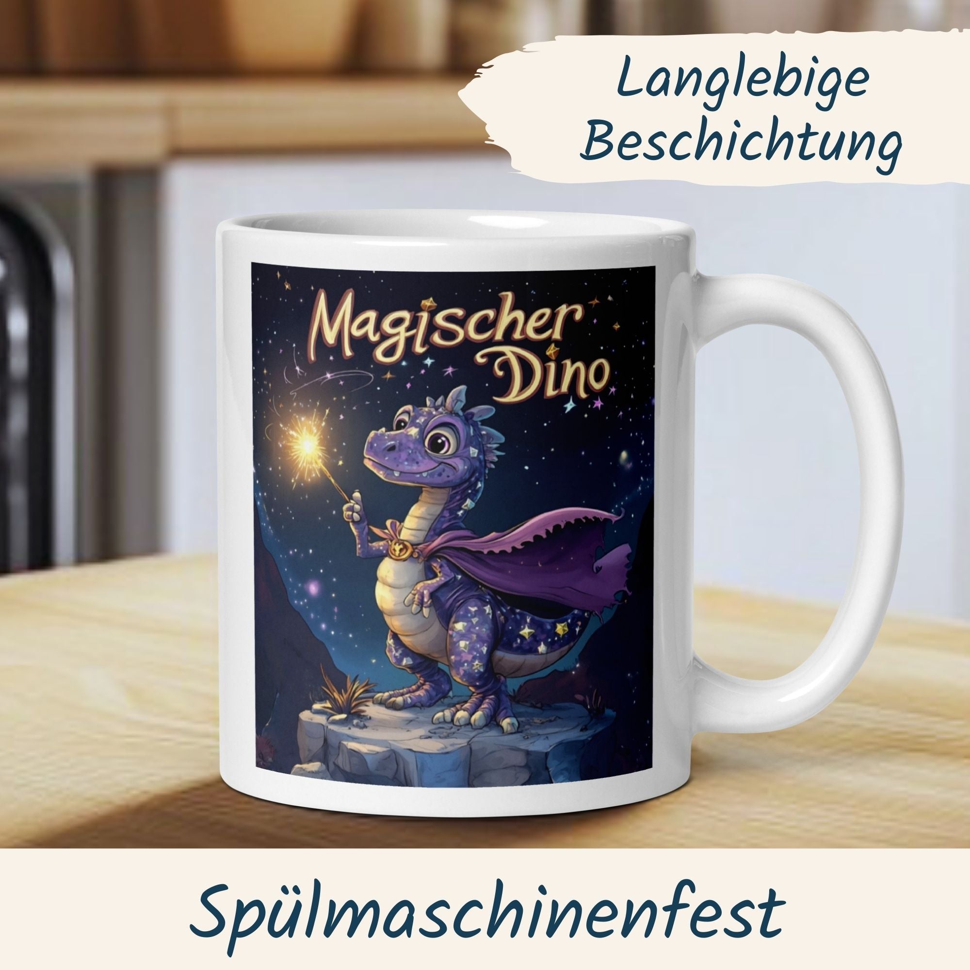 Magischer Dino Tasse mit lustigem Dinosaurier und Zauberstab, ideal für magische Momente im Alltag.