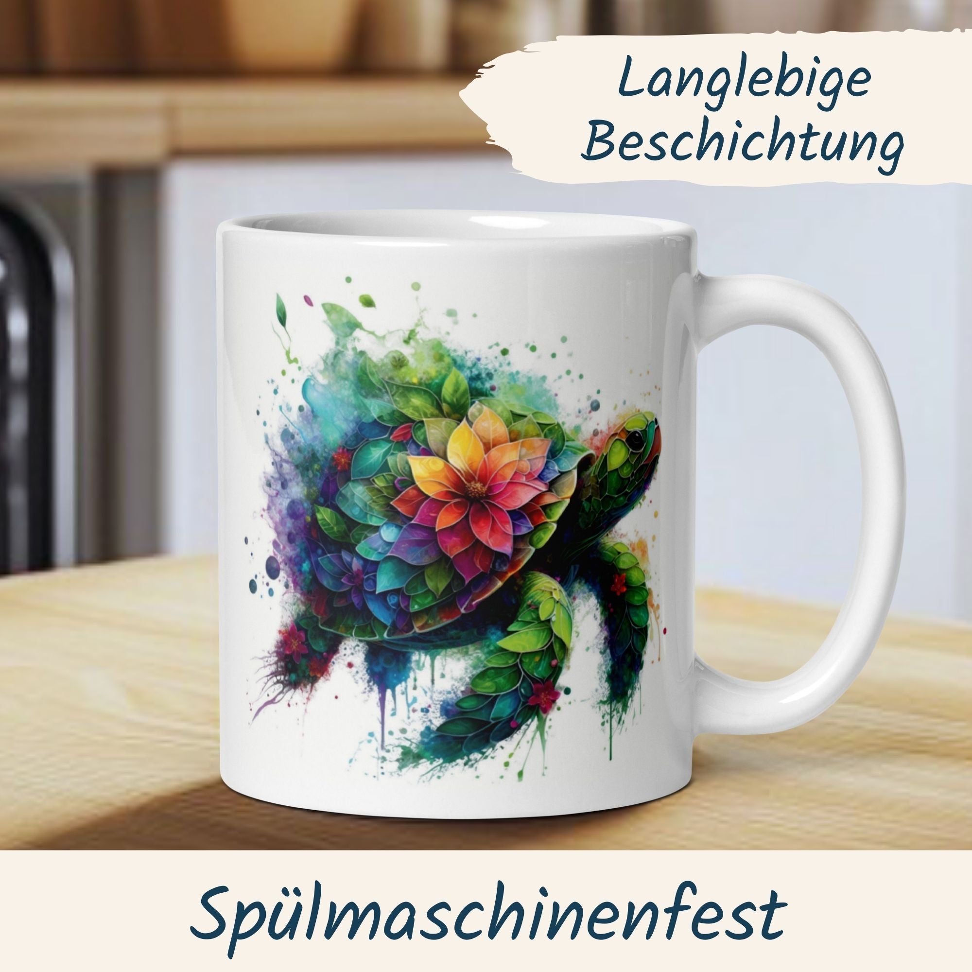 Farbige Schildkröten-Tasse im Mosaik-Stil mit Blumen, Spülmaschinenfest, langlebige Beschichtung.