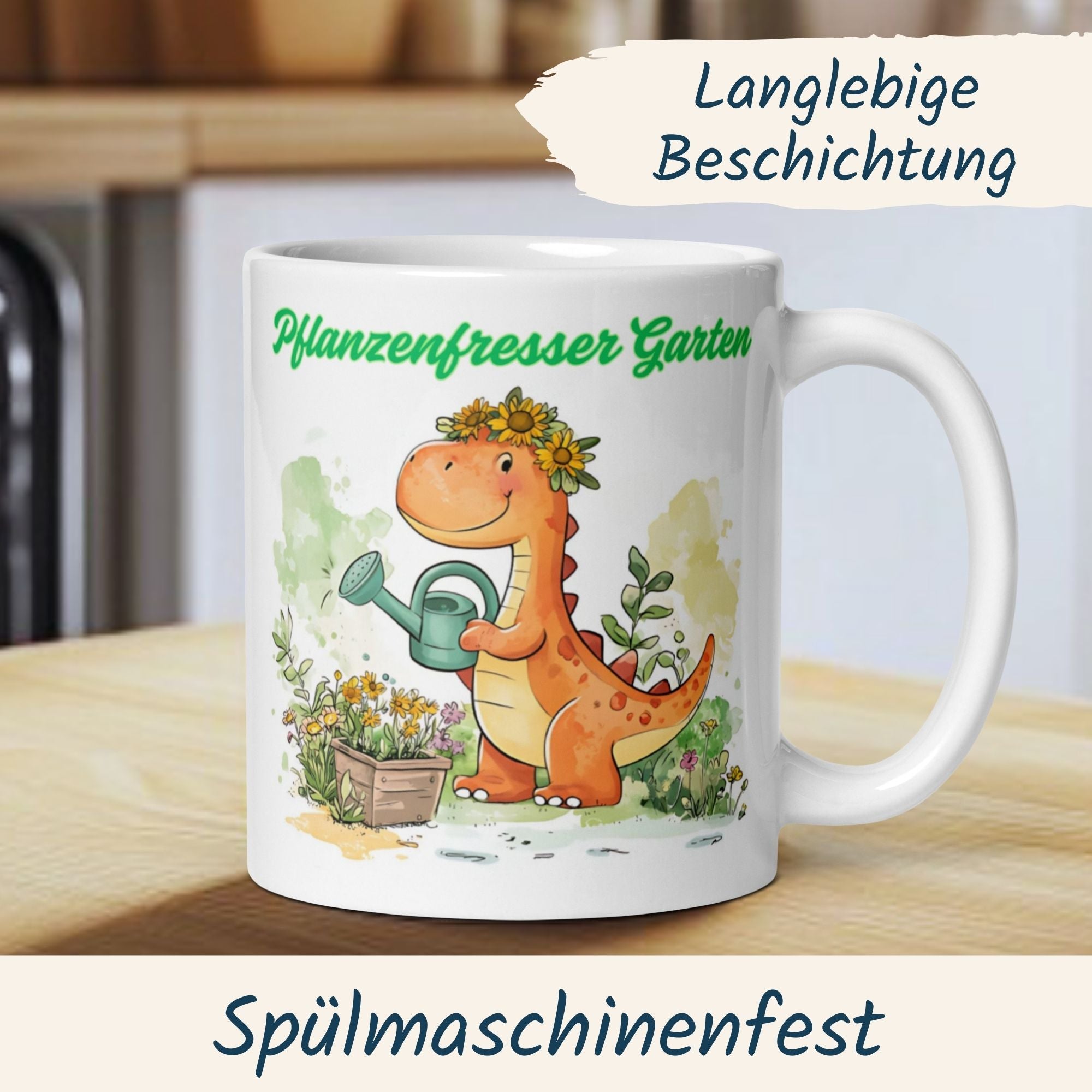Kaffeetasse mit einem Dinosaurier als Gärtner, umgeben von bunten Blumen und Gießkanne, ideal für Dino-Liebhaber.