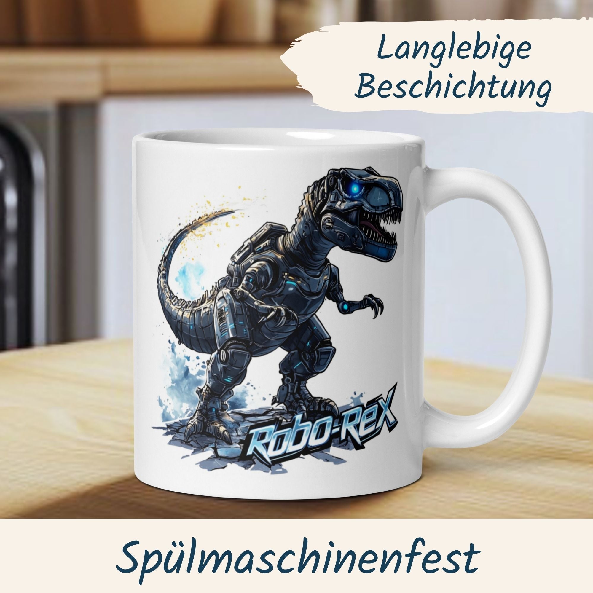 Futuristische Robo Rex Tasse mit Dinosaurier-Design, perfekt für den Schreibtisch und spülmaschinenfest.