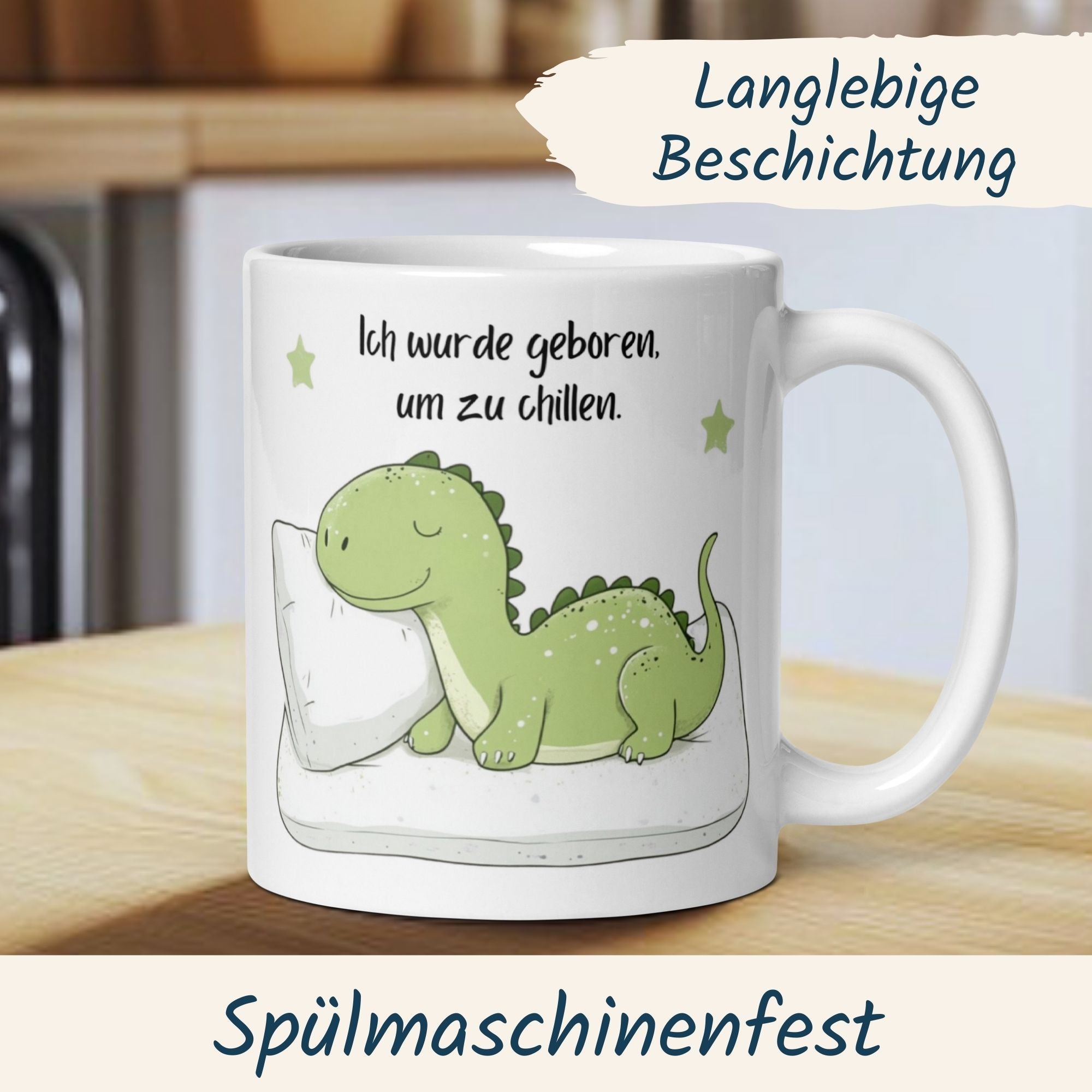 Momentals Tasse mit schlafendem Dinosaurier und Spruch 'Ich wurde geboren, um zu chillen' für Gemütlichkeit.