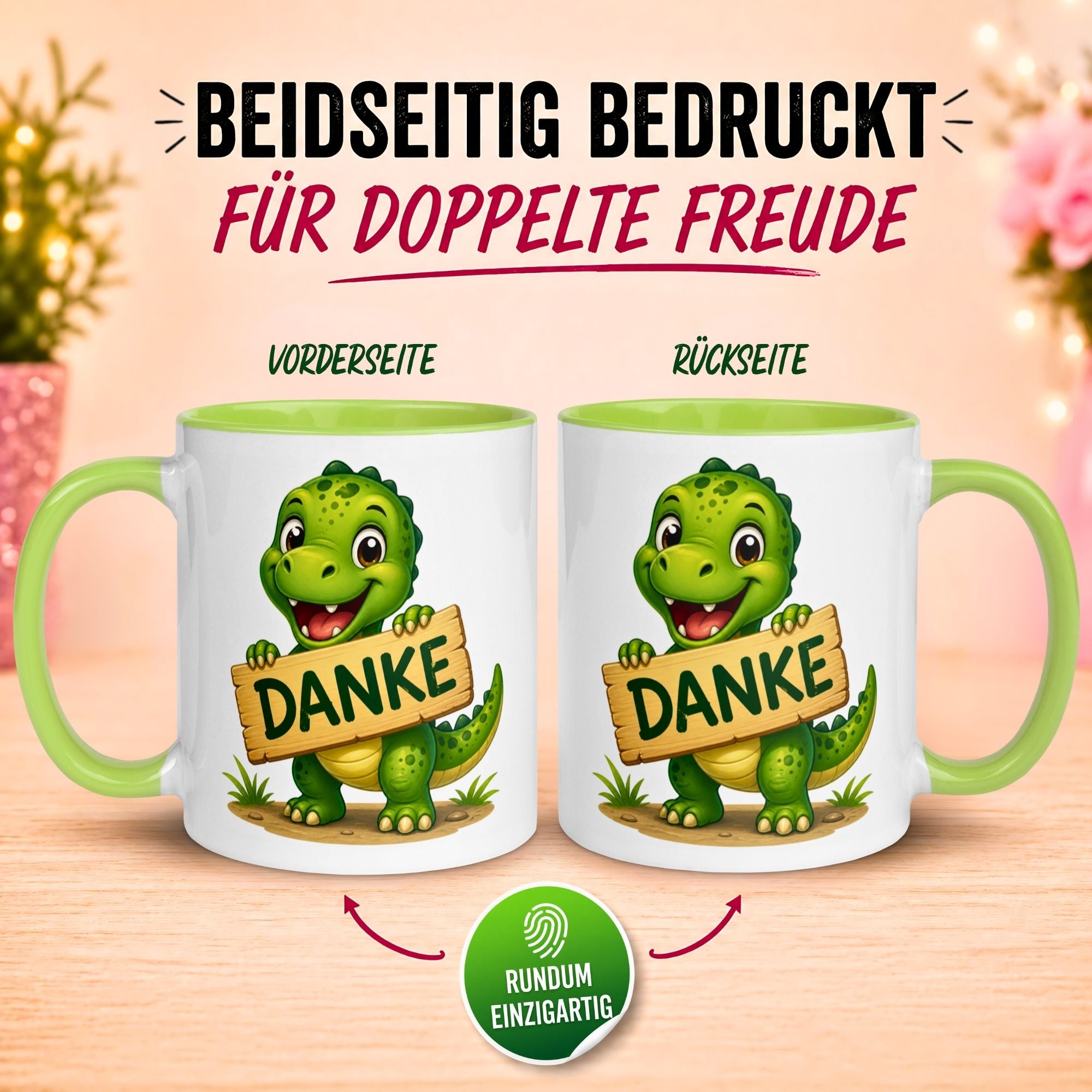 Tasse Dinosaurier – „Danke Schild“ – Dino Dankeschön Geschenk Becher
