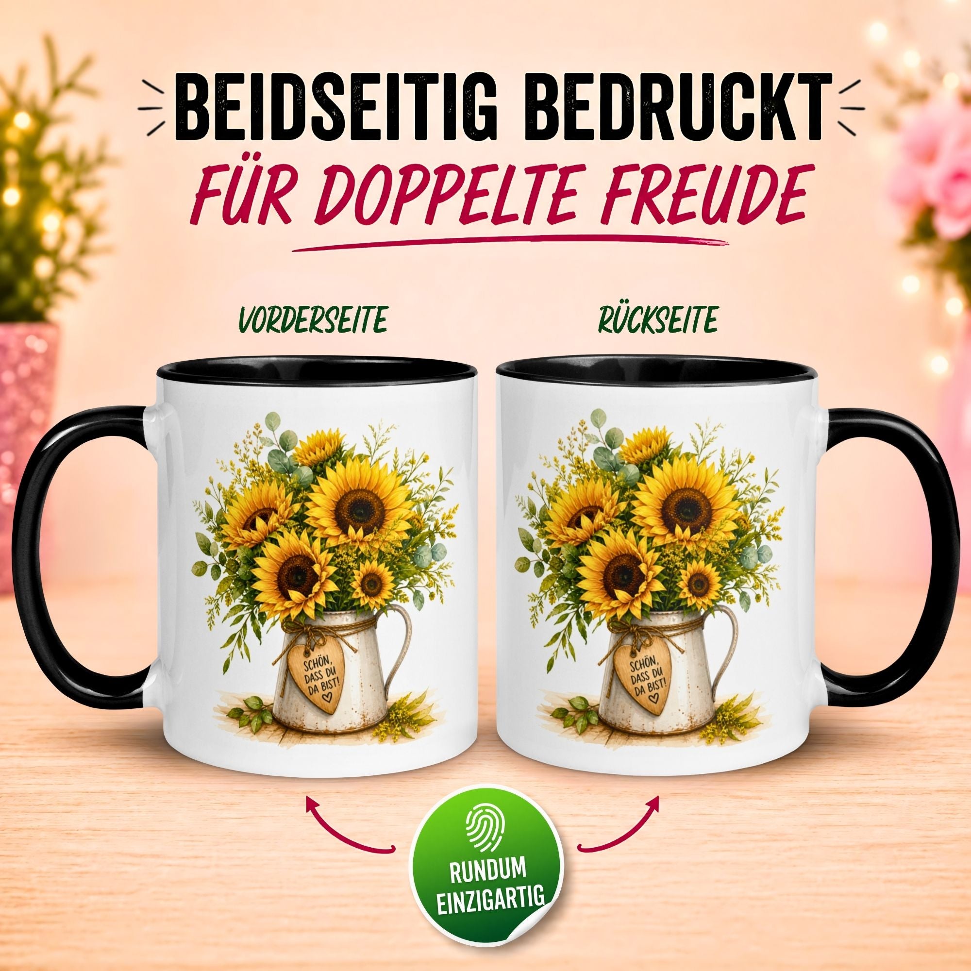 Tasse Danke – „Sonnenblumen - Schön dass du da bist“ – Dankeschön Geschenke