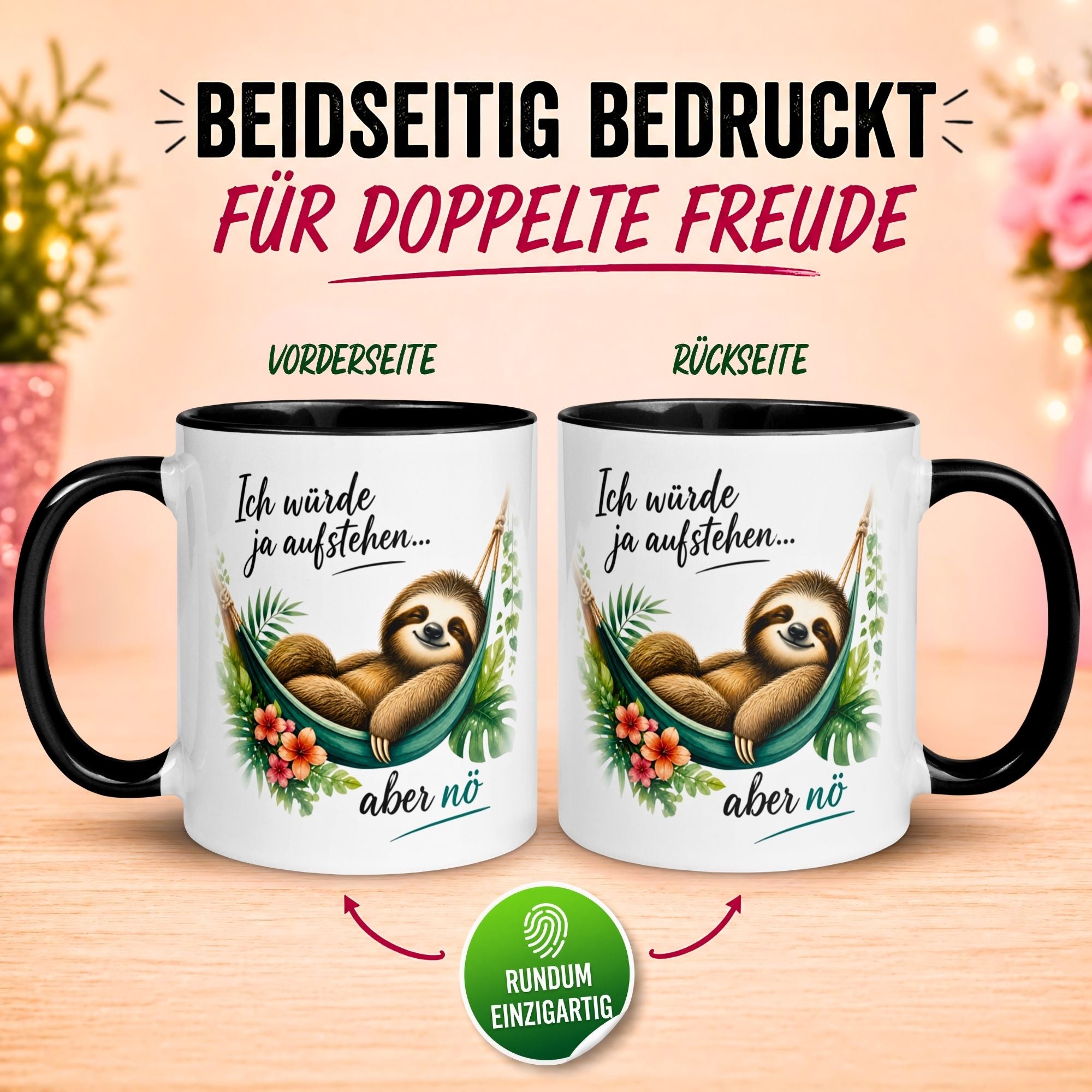 Tasse Faultier – „Ich würde ja aufstehen“ – lustiger Geschenk Becher für Morgenmuffel
