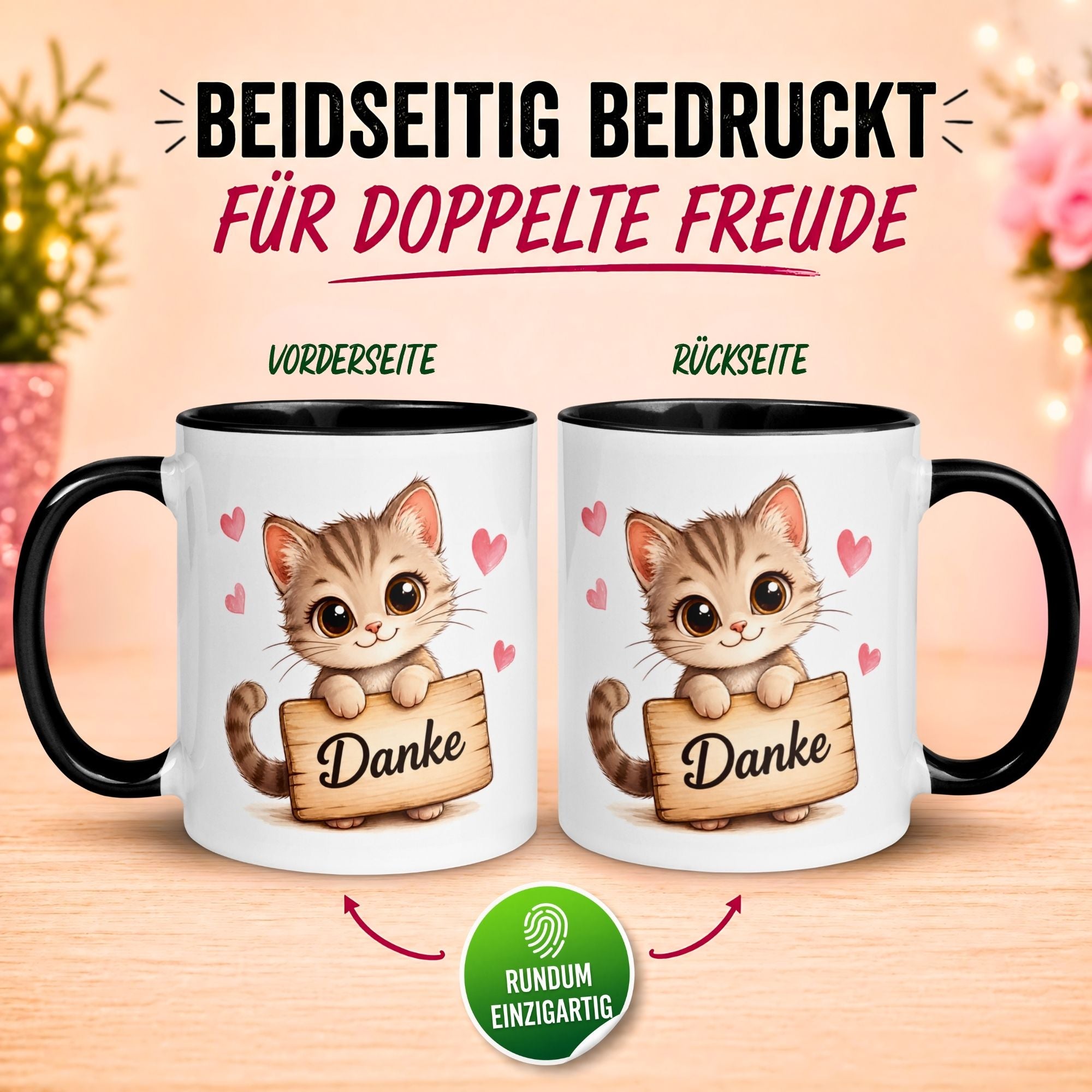 Tasse Danke – „Katze mit Danke Schild“ – Dankeschön Geschenke