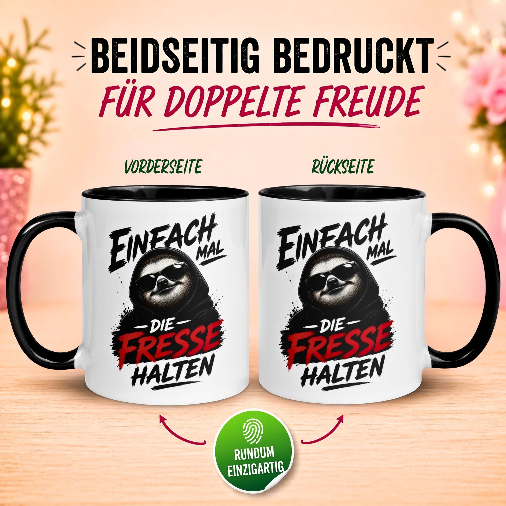 Tasse Faultier – „Einfach mal die Fresse halten“ – lustiger Morgenmuffel Becher