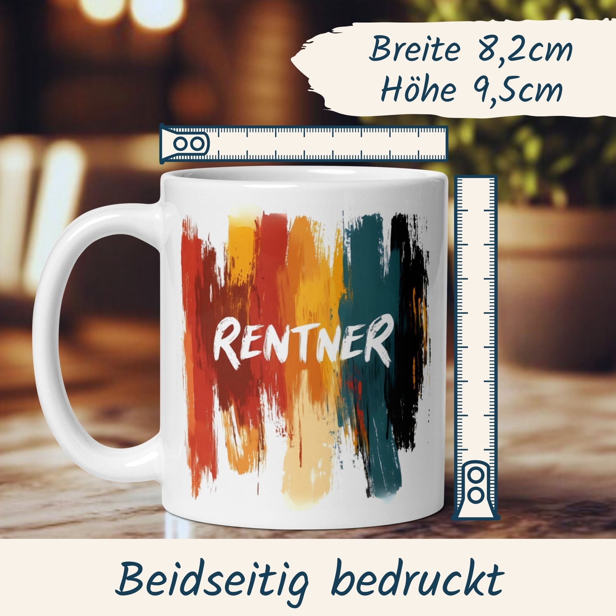 Momentals® Rentner Tasse mit buntem Aquarell-Design, perfekt für den Ruhestand.