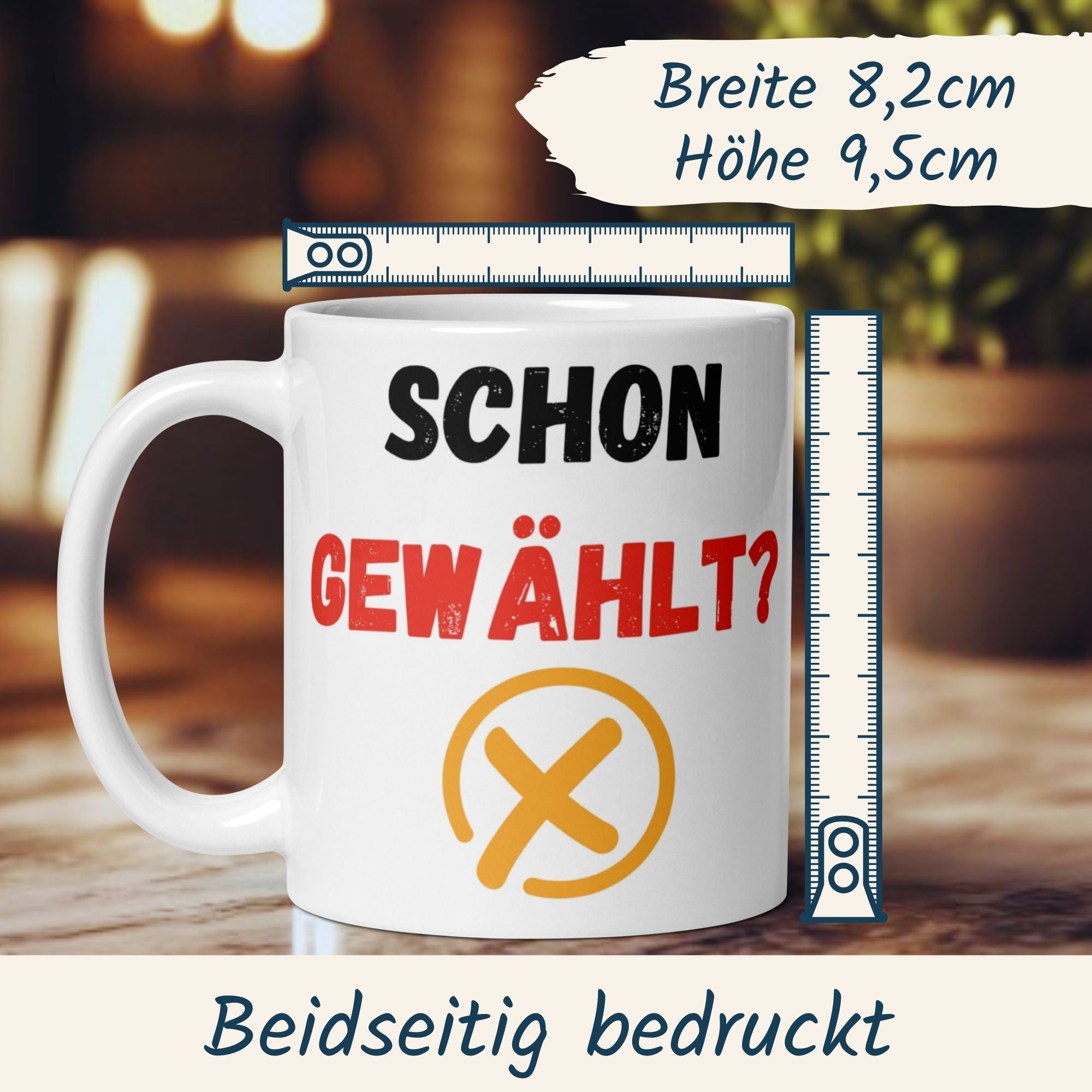 Momentals® Tasse mit dem Spruch "Schon gewählt?" und Wahlkreuz-Design, beidseitig bedruckt.