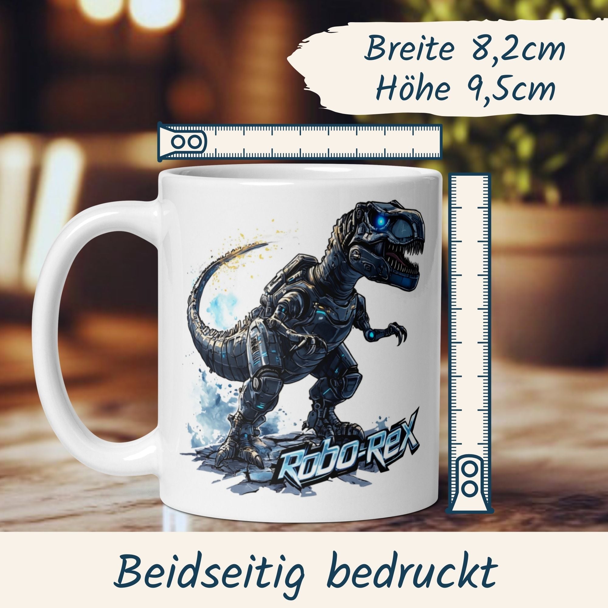 Momentals Robo Rex mug featuring a futuristic dinosaur robot design, perfect for adding charm to your desk.