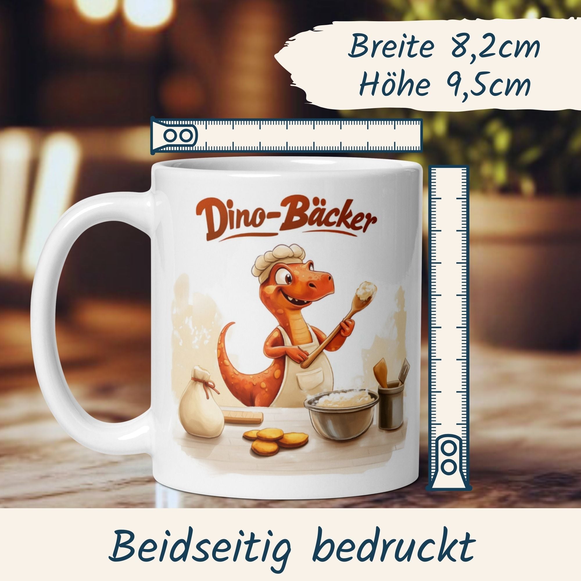 Dino Bäcker Tasse mit fröhlichem Dino-Küchenchef, perfekt für Backliebhaber und humorvolle Kaffeetrinker.