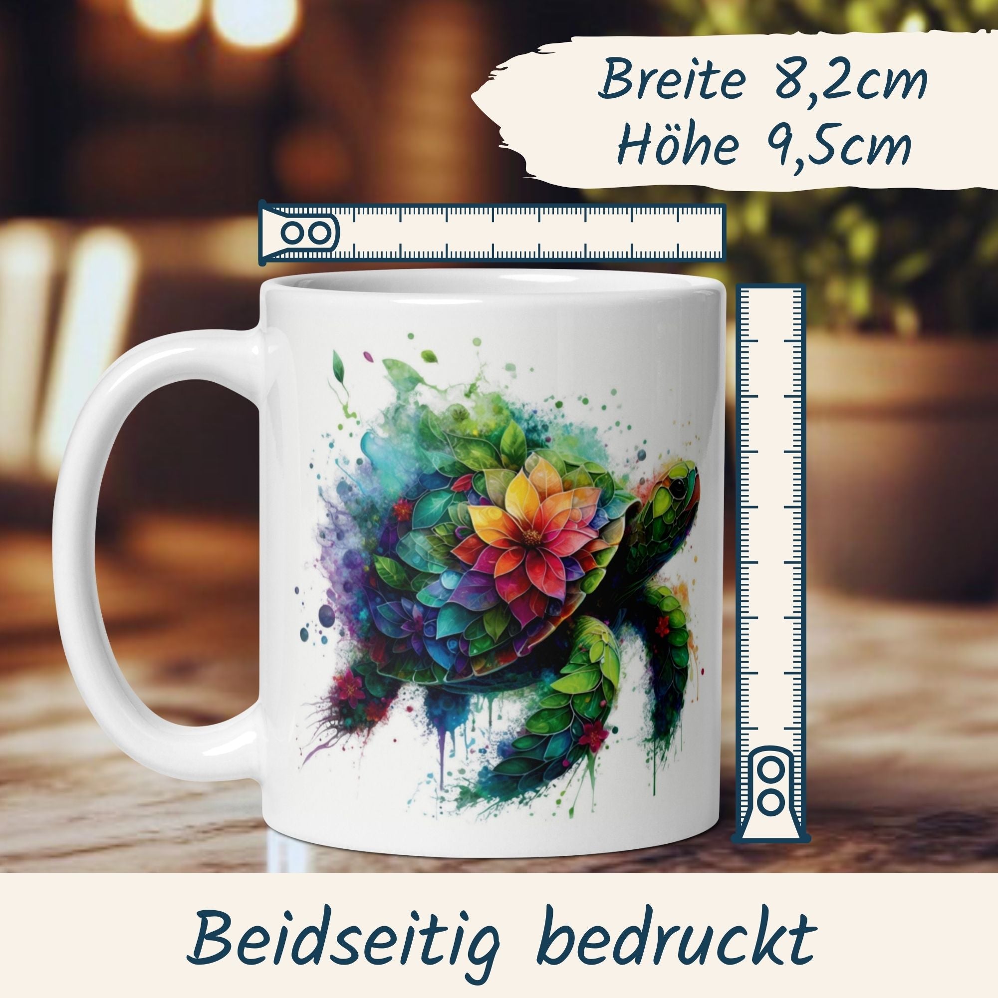 Bunte Schildkröten-Tasse mit Mosaik-Design und Blumen, ideal für Naturliebhaber.