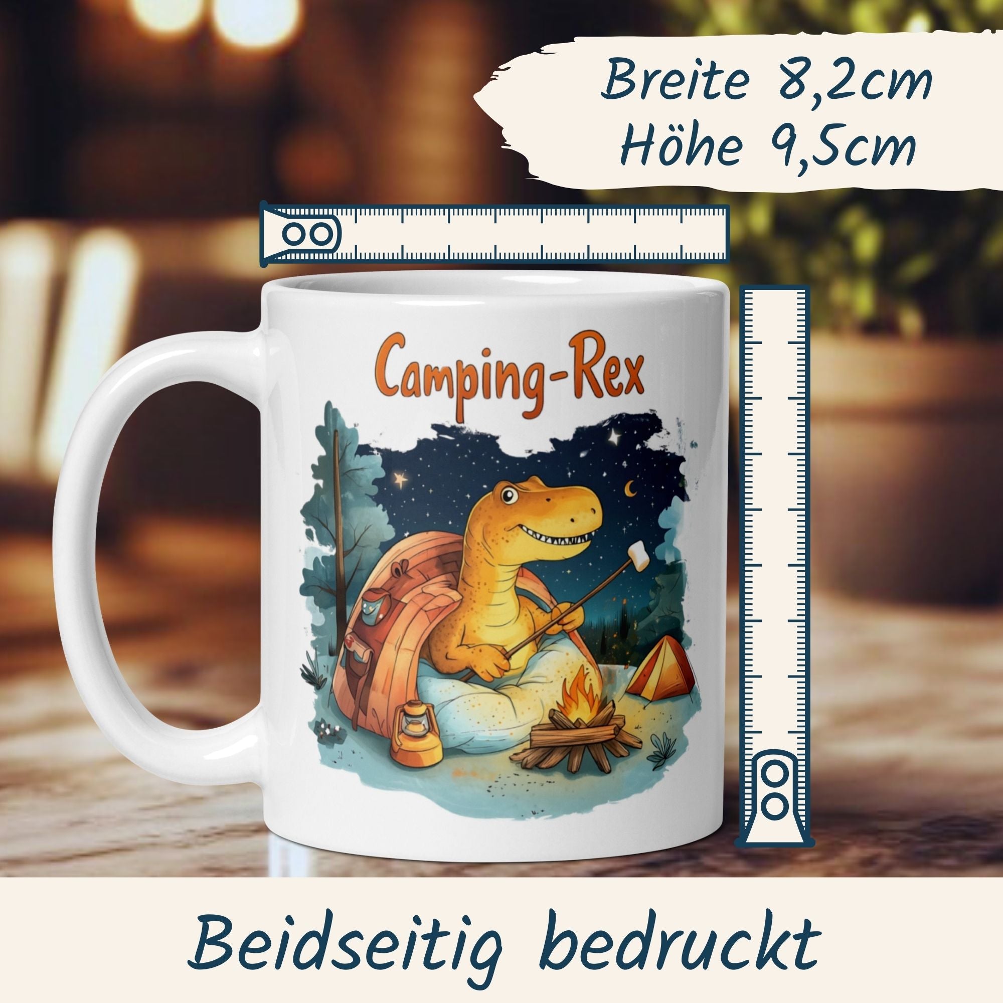 Camping-Rex Tasse mit Dinosaurier am Lagerfeuer, perfekt für Camping und Kaffeepausen.