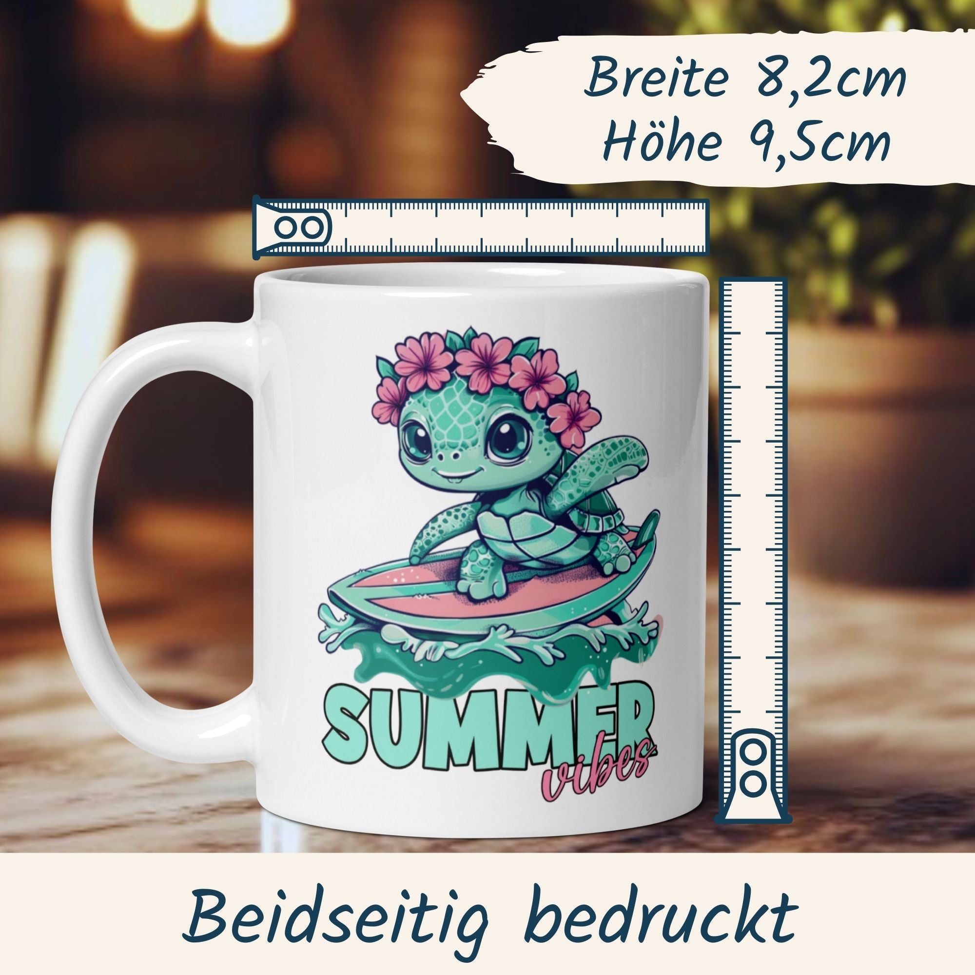 Summer Vibes cup featuring a cute turtle on a surfboard with flowers, perfect for beach lovers!
