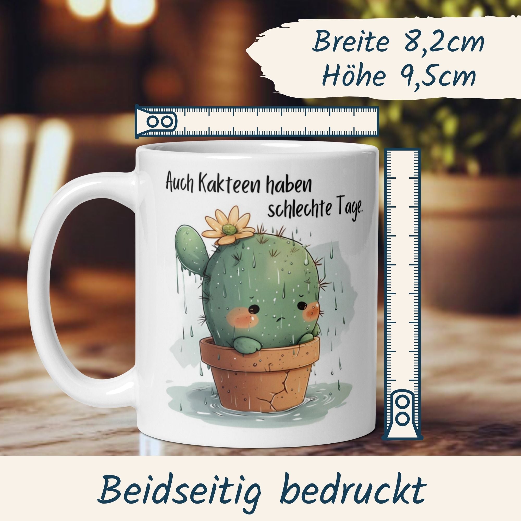 Momentals Tasse Kaktus mit Spruch 'Auch Kakteen haben schlechte Tage' für humorvolle Pflanzenliebhaber.