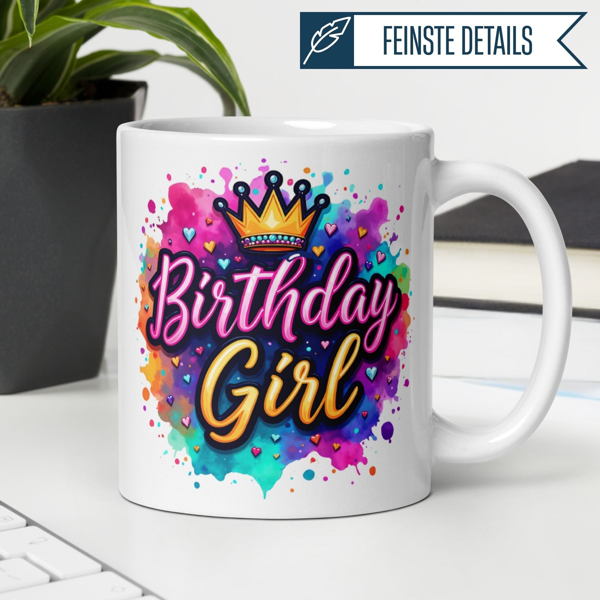 Bunte Tasse "Birthday Girl" mit Krone und Farbspritzern, perfekt für den besonderen Tag!