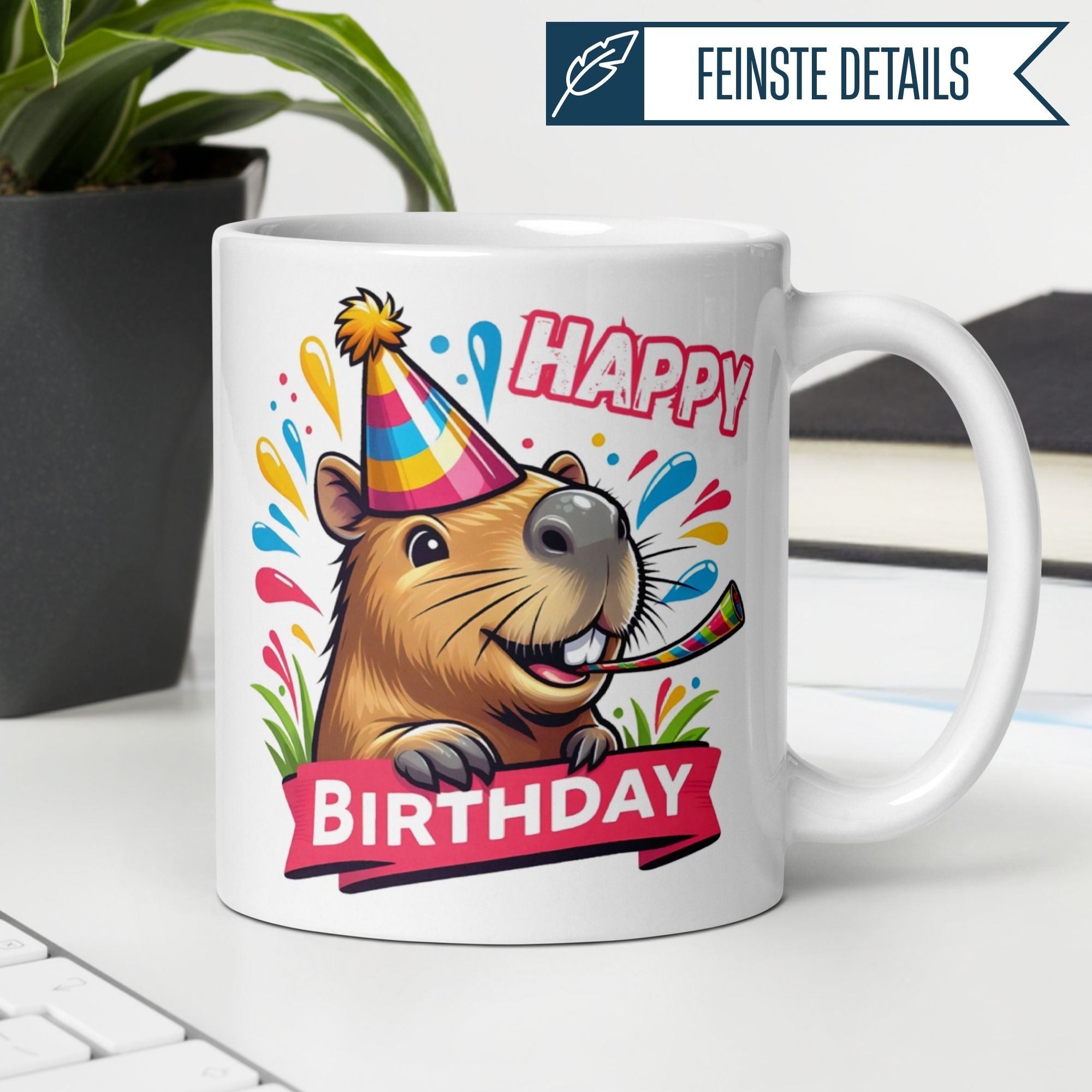 Momentals® birthday mug featuring a cheerful capybara in a party hat with vibrant confetti and 'Happy Birthday' text.