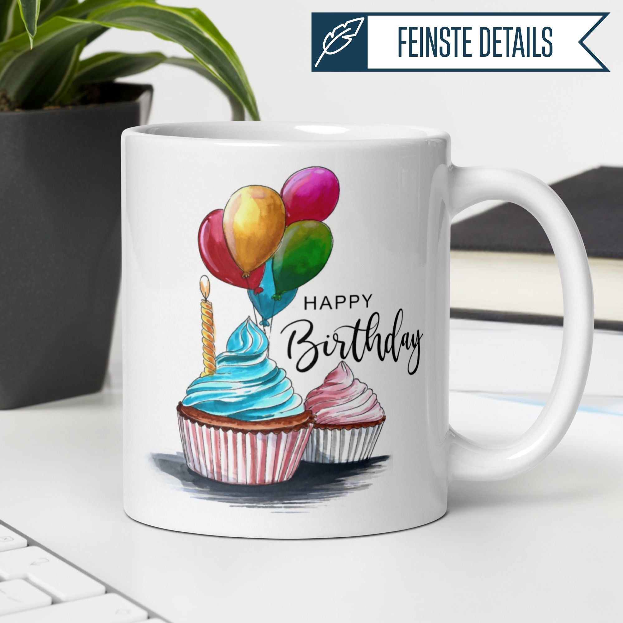 Colorful birthday mug featuring cupcakes, balloons, and a 'Happy Birthday' script for festive celebrations.