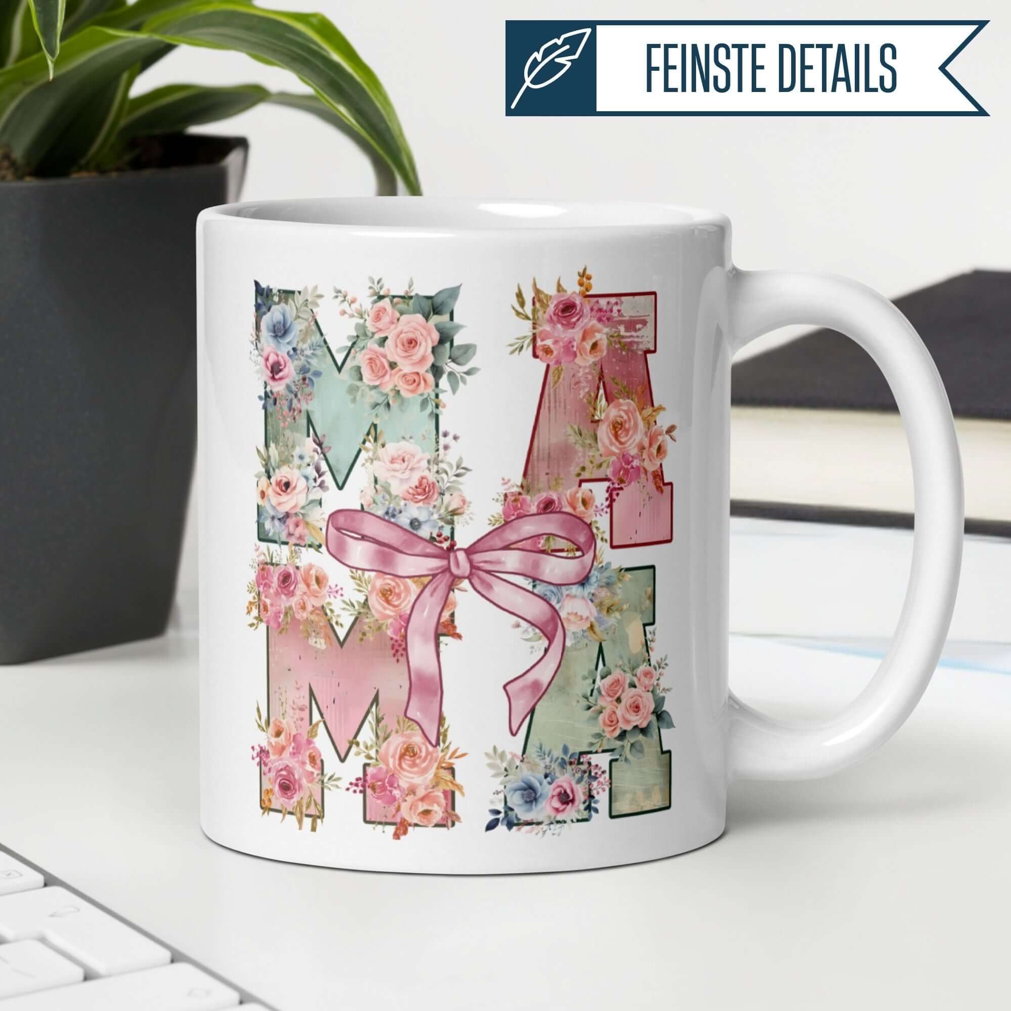 Floral vintage Mom mug with elegant flowers and a pink ribbon, perfect gift for stylish mothers.