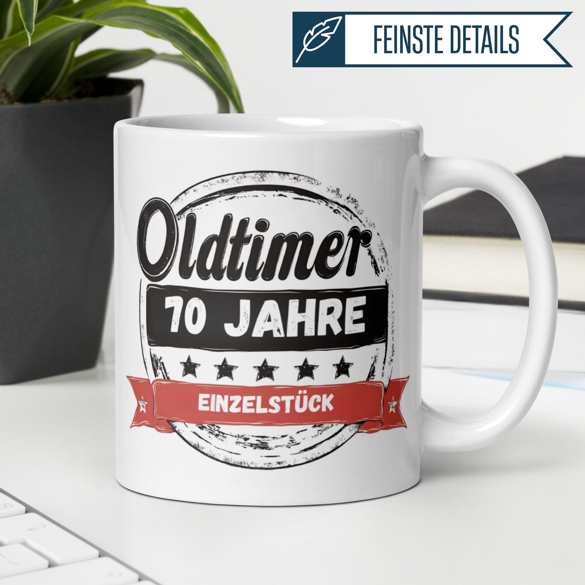 Momentals® Tasse zum 70. Geburtstag mit Oldtimer-Design und Spruch "Einzelstück" für besondere Anlässe.