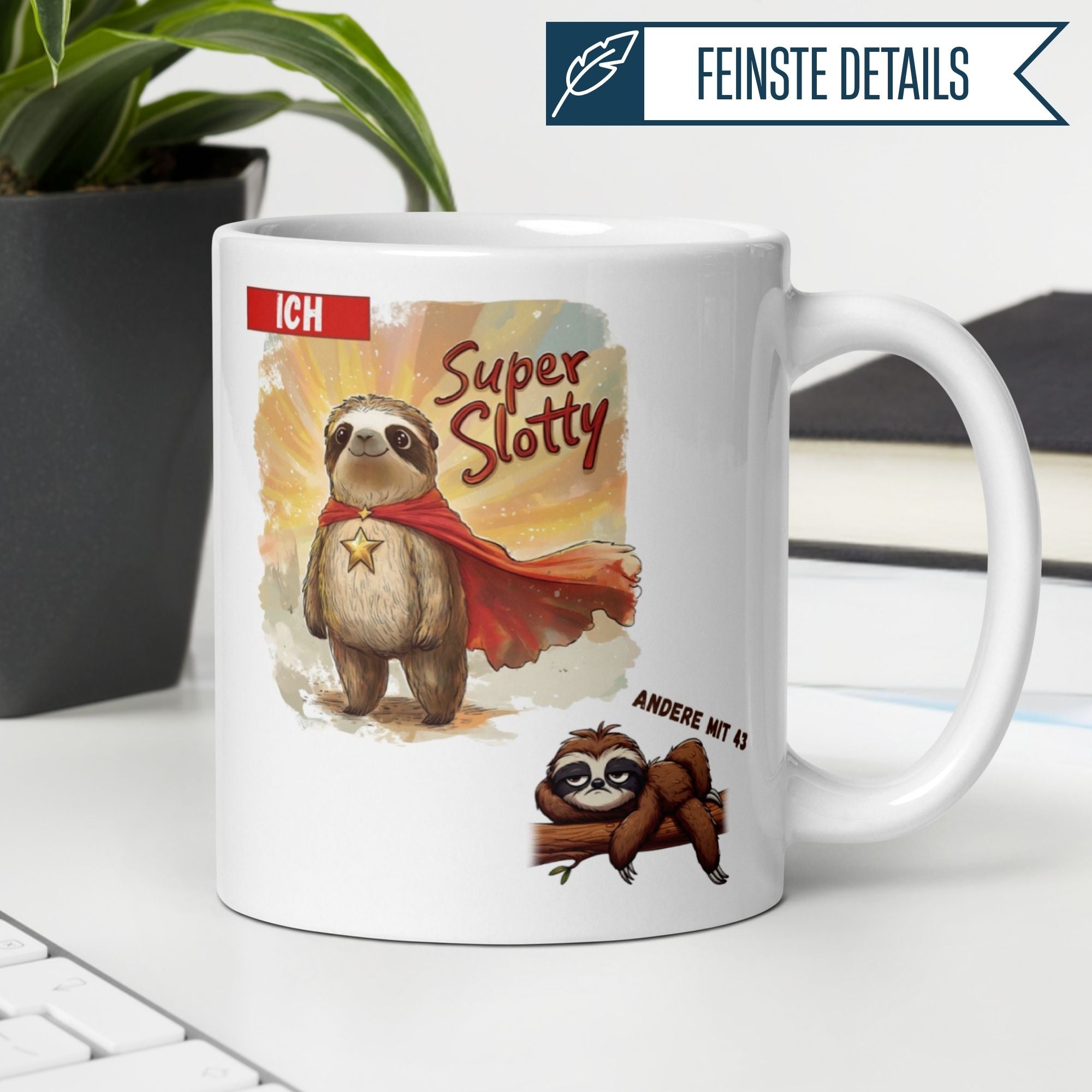 Momentals® mug for 43rd birthday featuring Super Sloth character and humorous design.