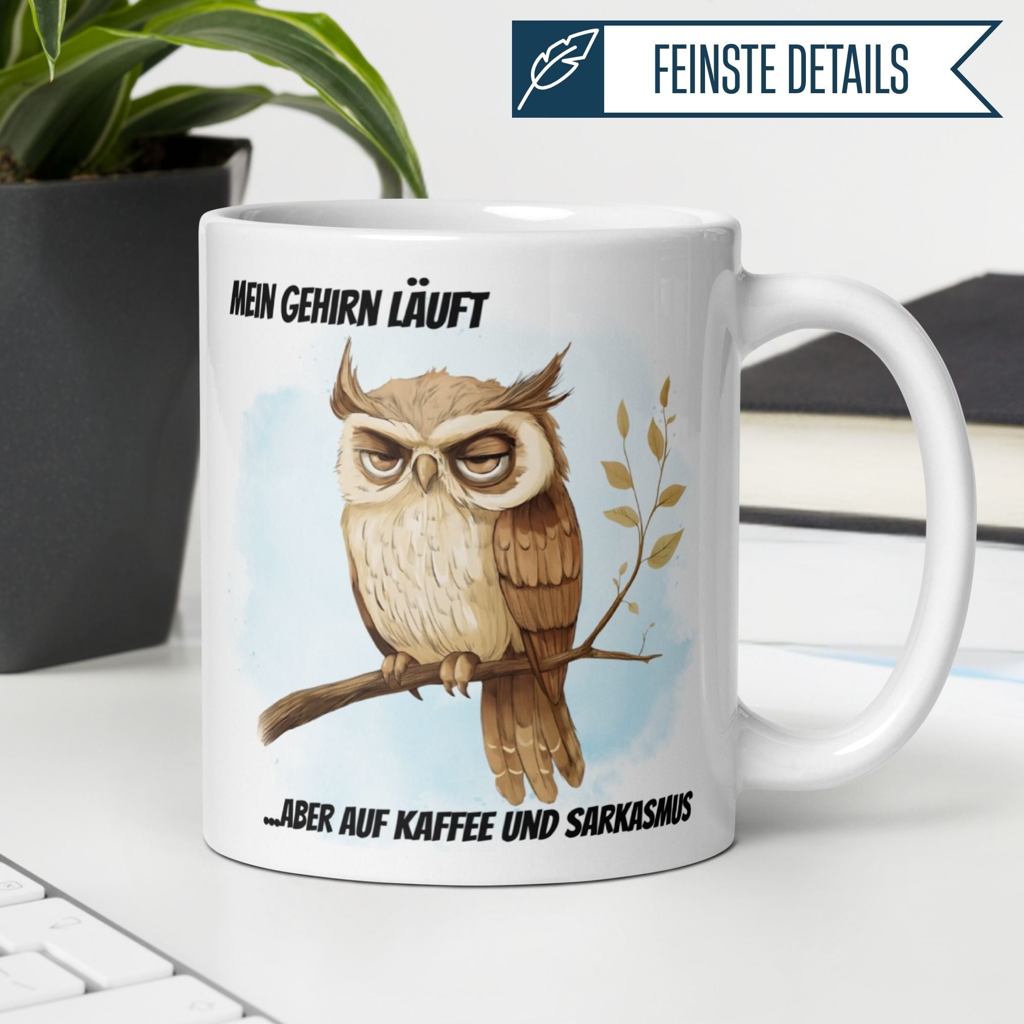 Momentals® Tasse | Eule & Sarkasmus | Mein Gehirn läuft auf Kaffee