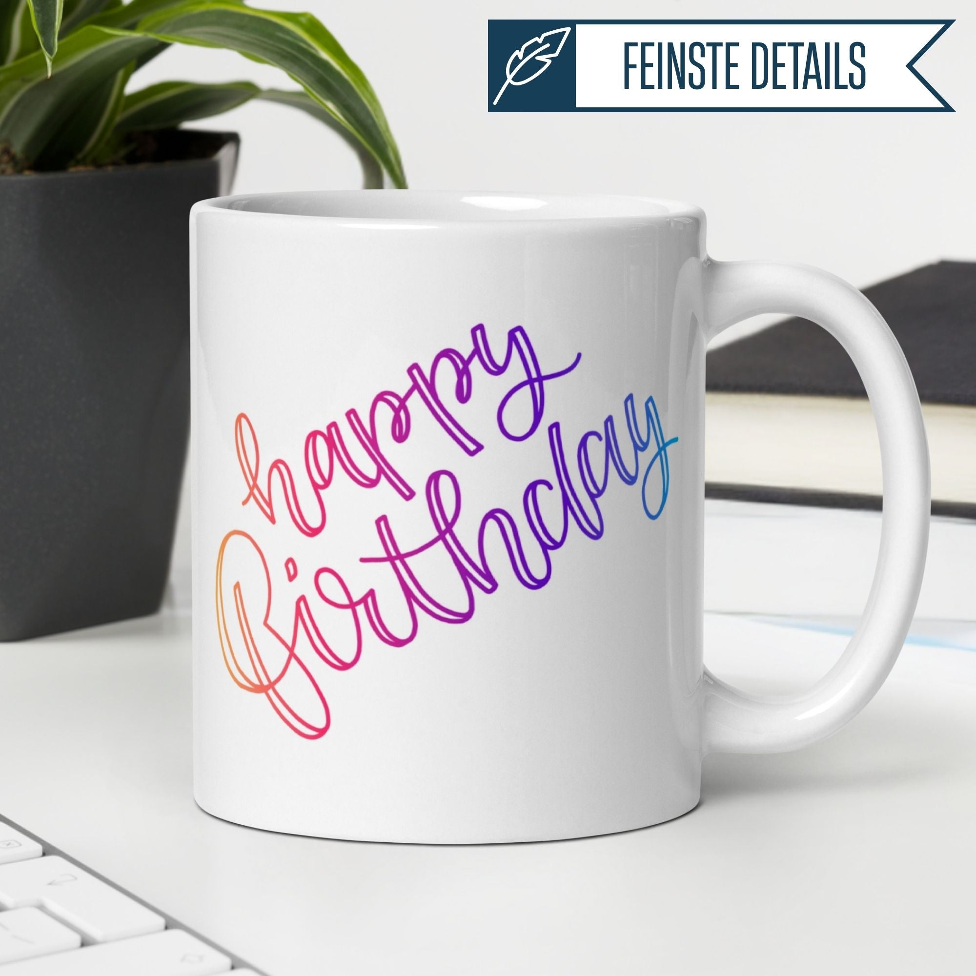Momentals® Happy Birthday Tasse in Regenbogenfarben auf weißem Hintergrund, perfekt für Feiertage.