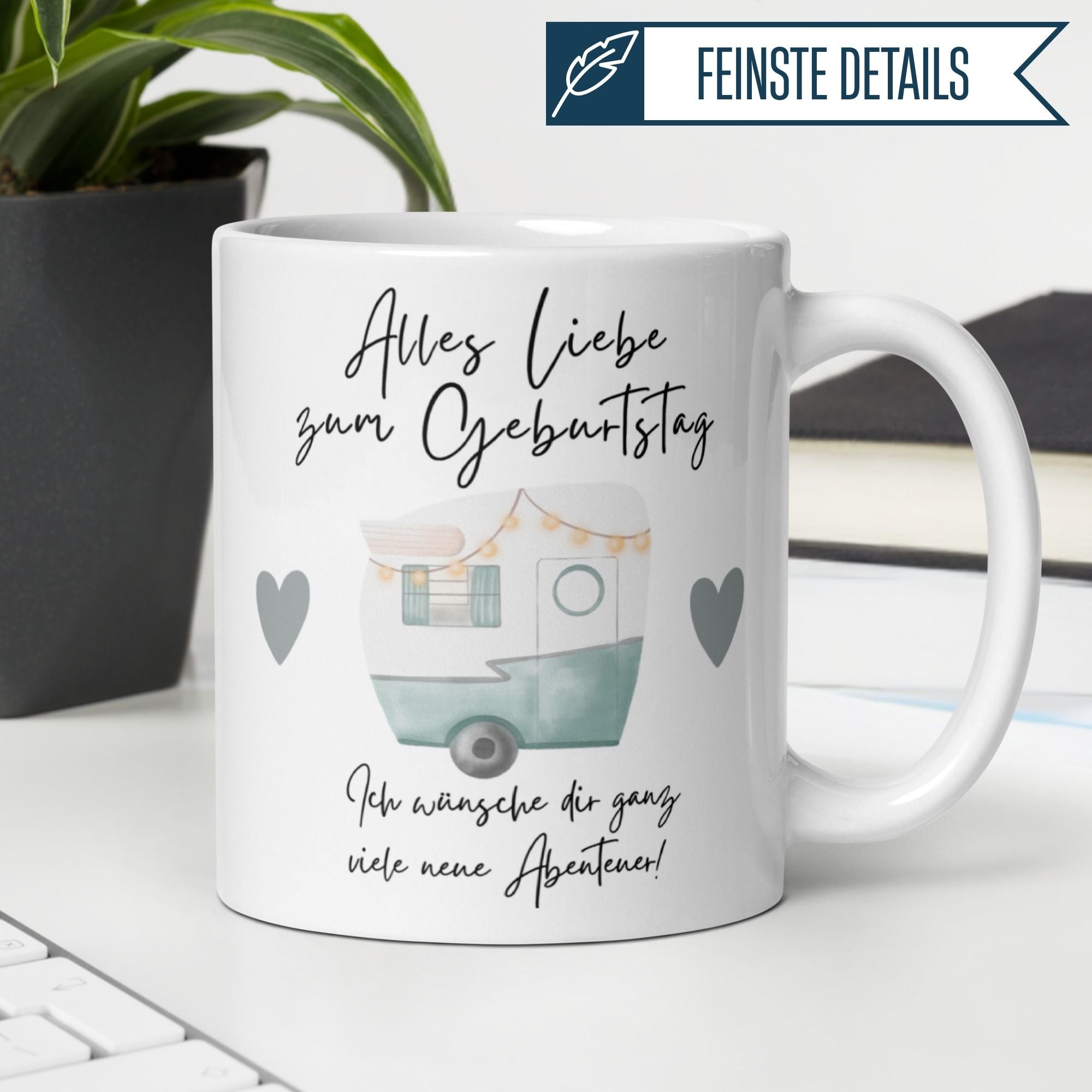 Tasse mit Camping-Motiv zum Geburtstag, Retro-Wohnwagen, perfekt für Abenteurer und Kaffeeliebhaber.